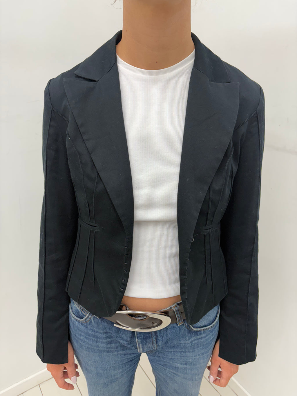 Black Cropped Fitted Blazer with Sculpted Panels