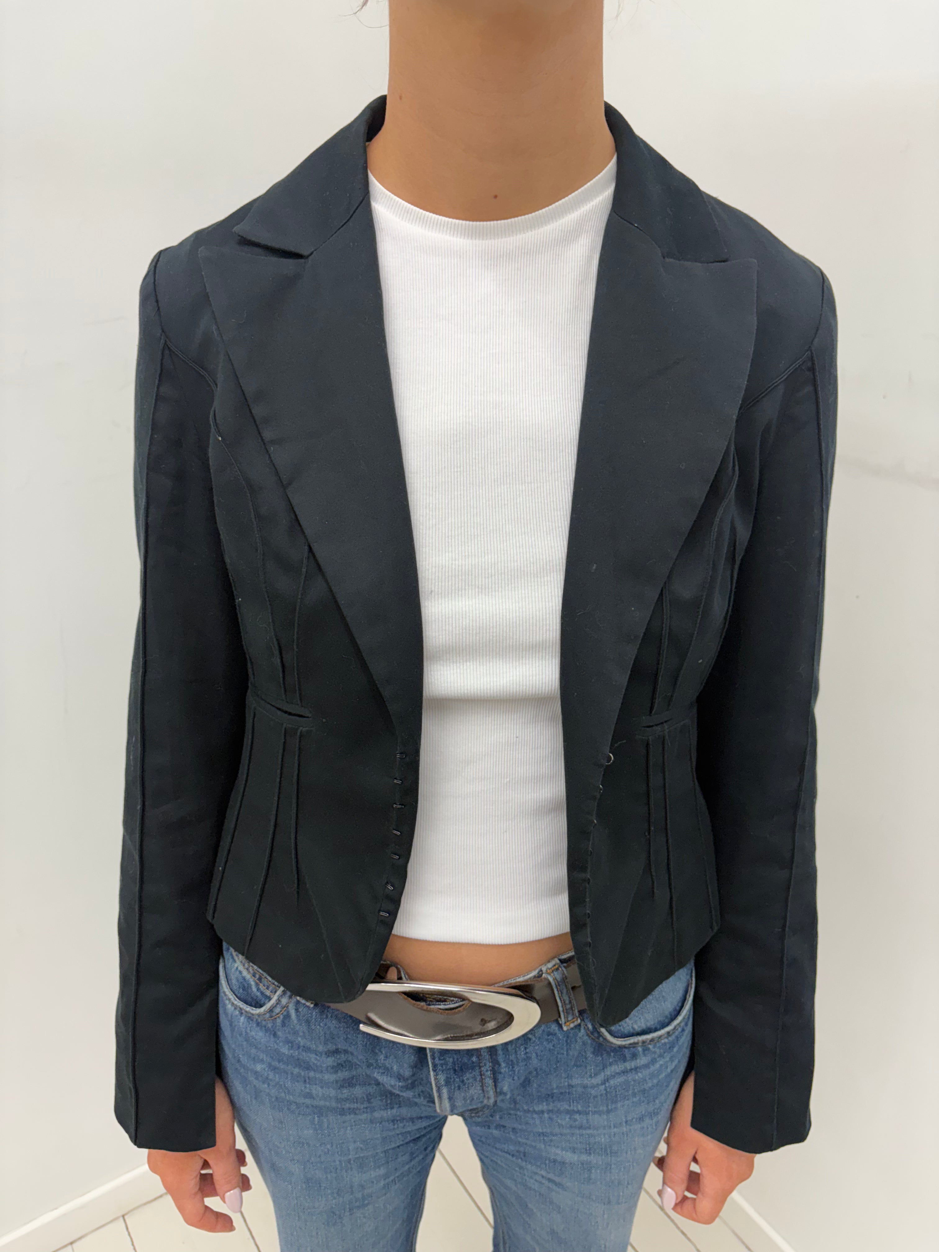 Black Cropped Fitted Blazer with Sculpted Panels