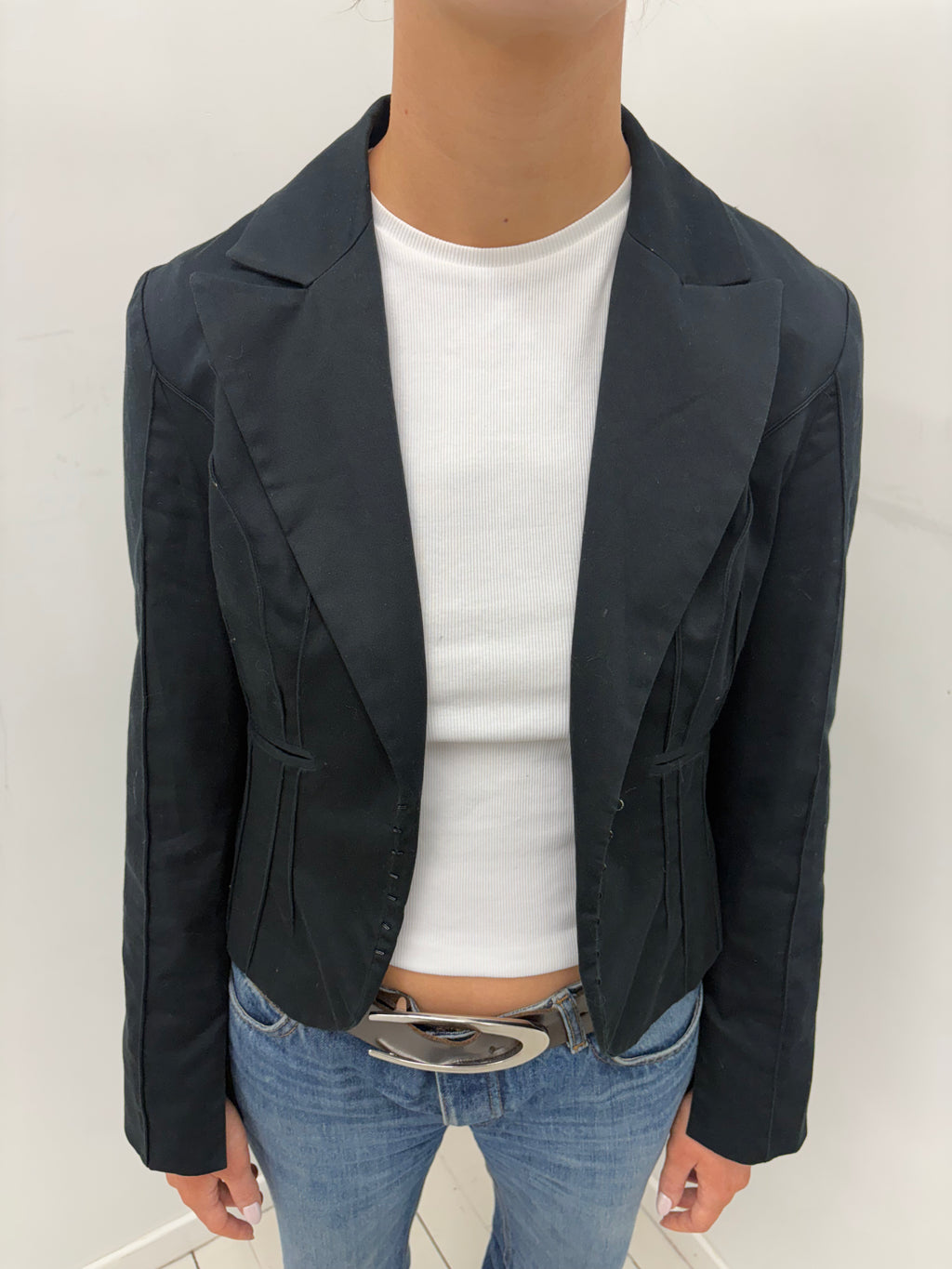 Black Cropped Fitted Blazer with Sculpted Panels