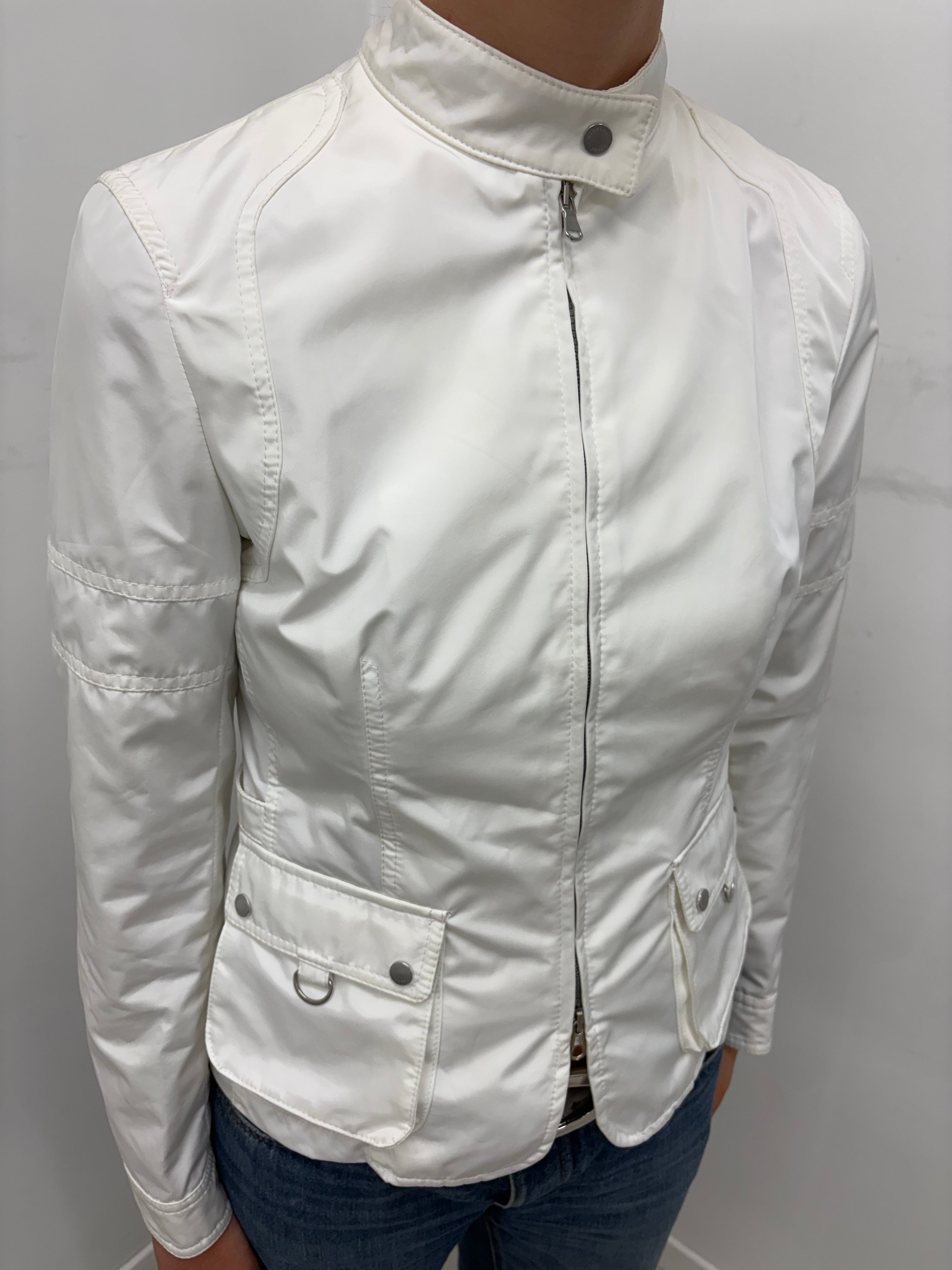 White Fitted Zip-Up Jacket with Stand Collar