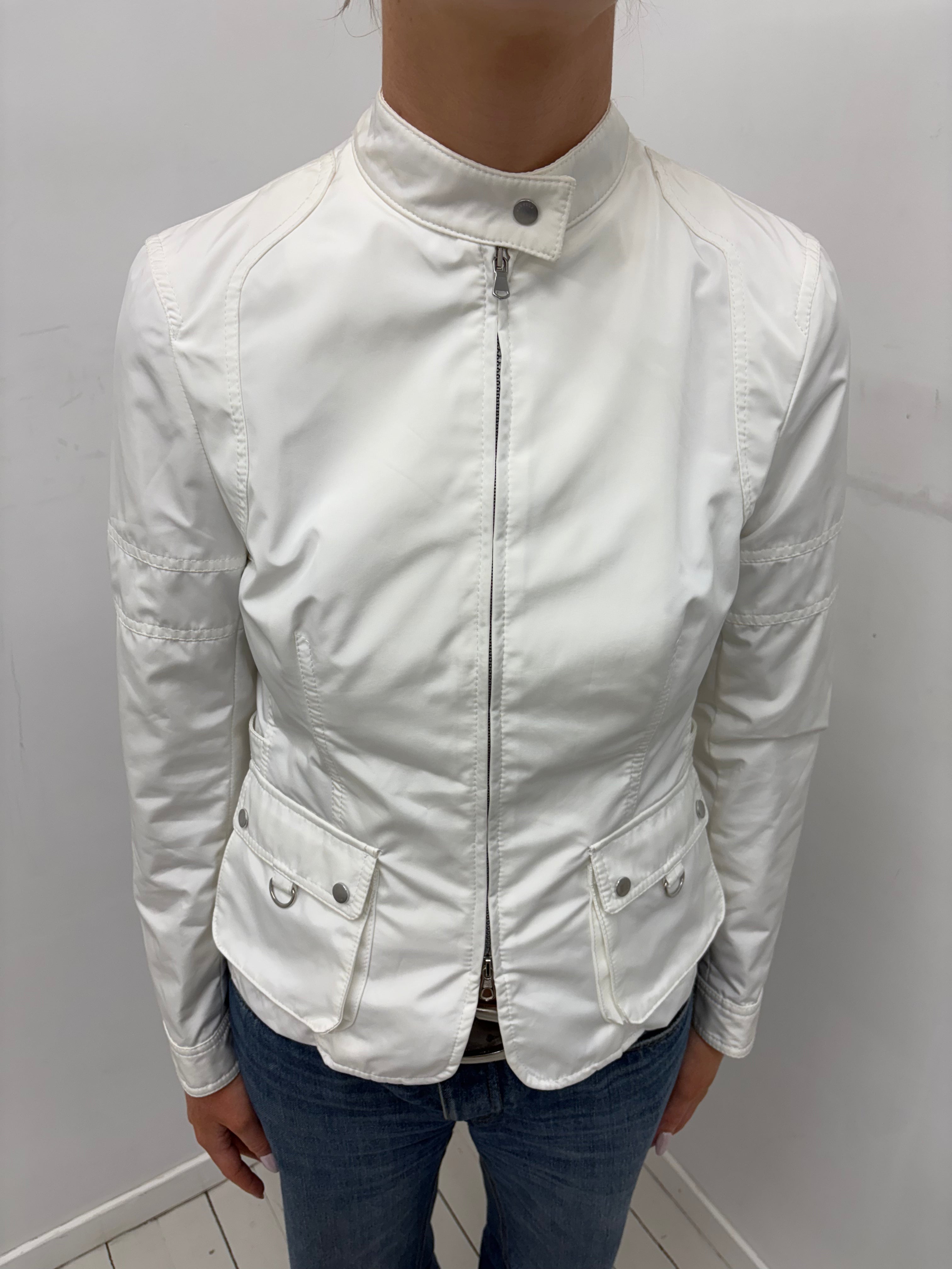 White Fitted Zip-Up Jacket with Stand Collar