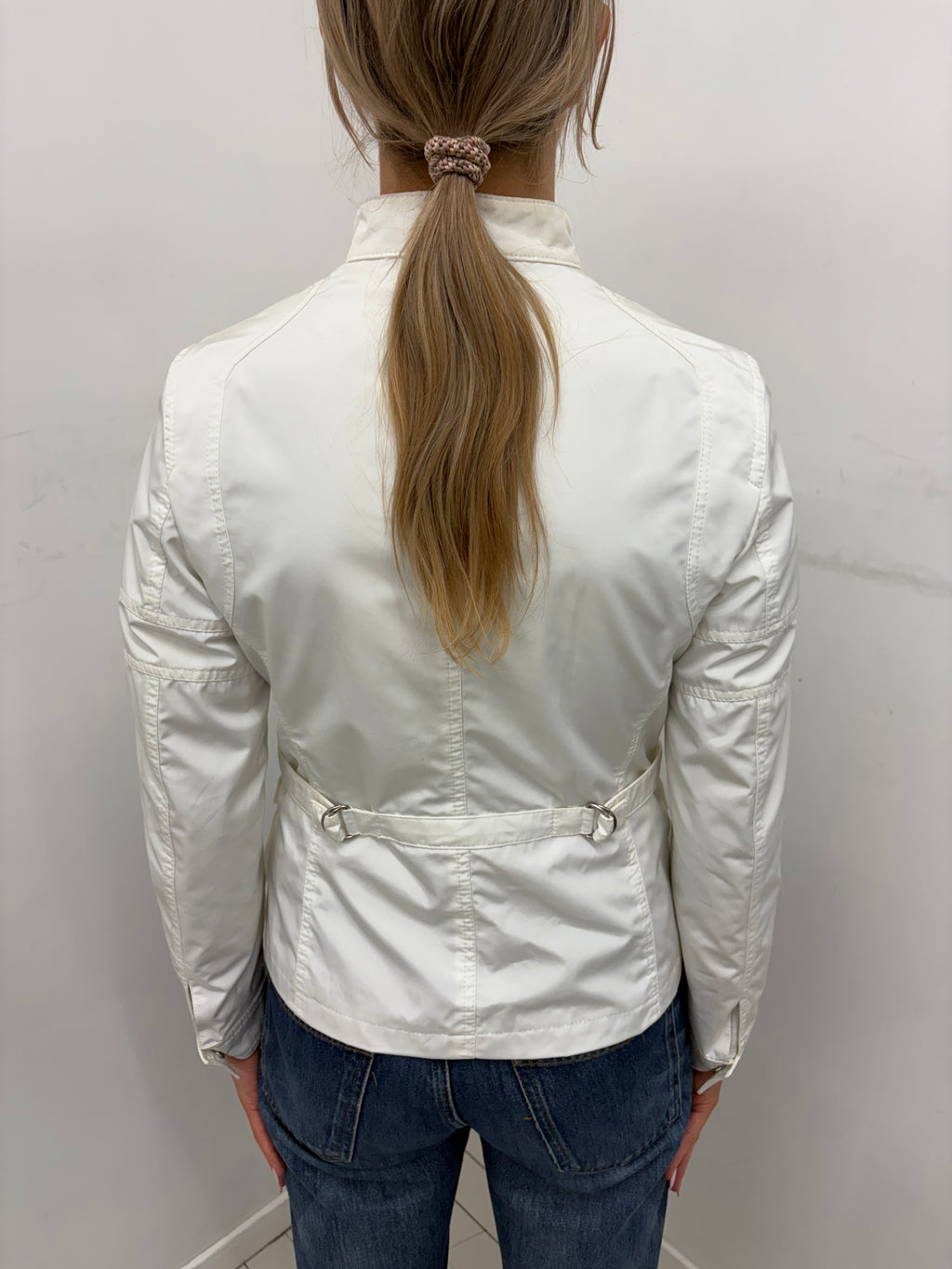 White Fitted Zip-Up Jacket with Stand Collar