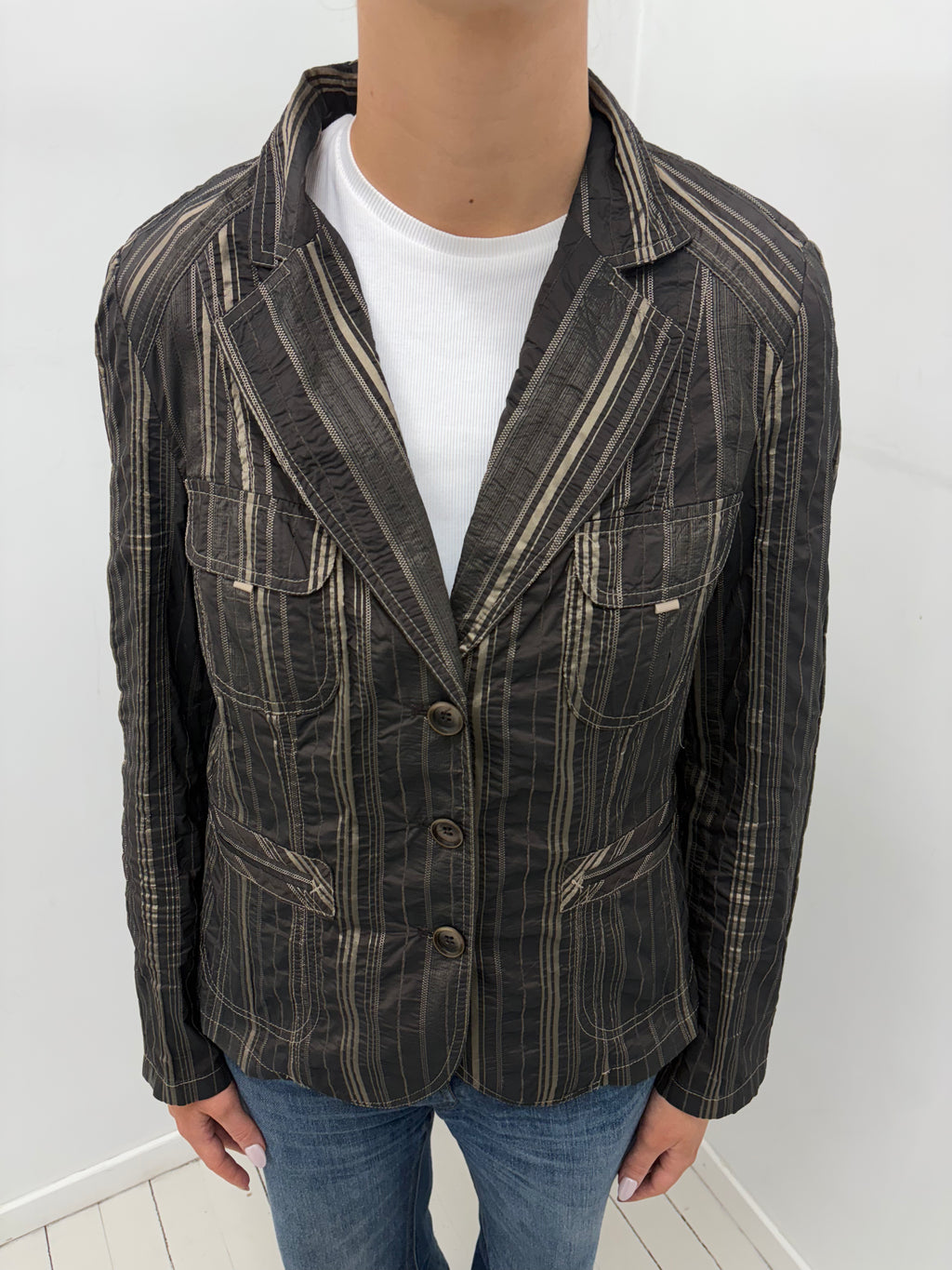 Brown Striped Fitted Jacket with Utility Pockets