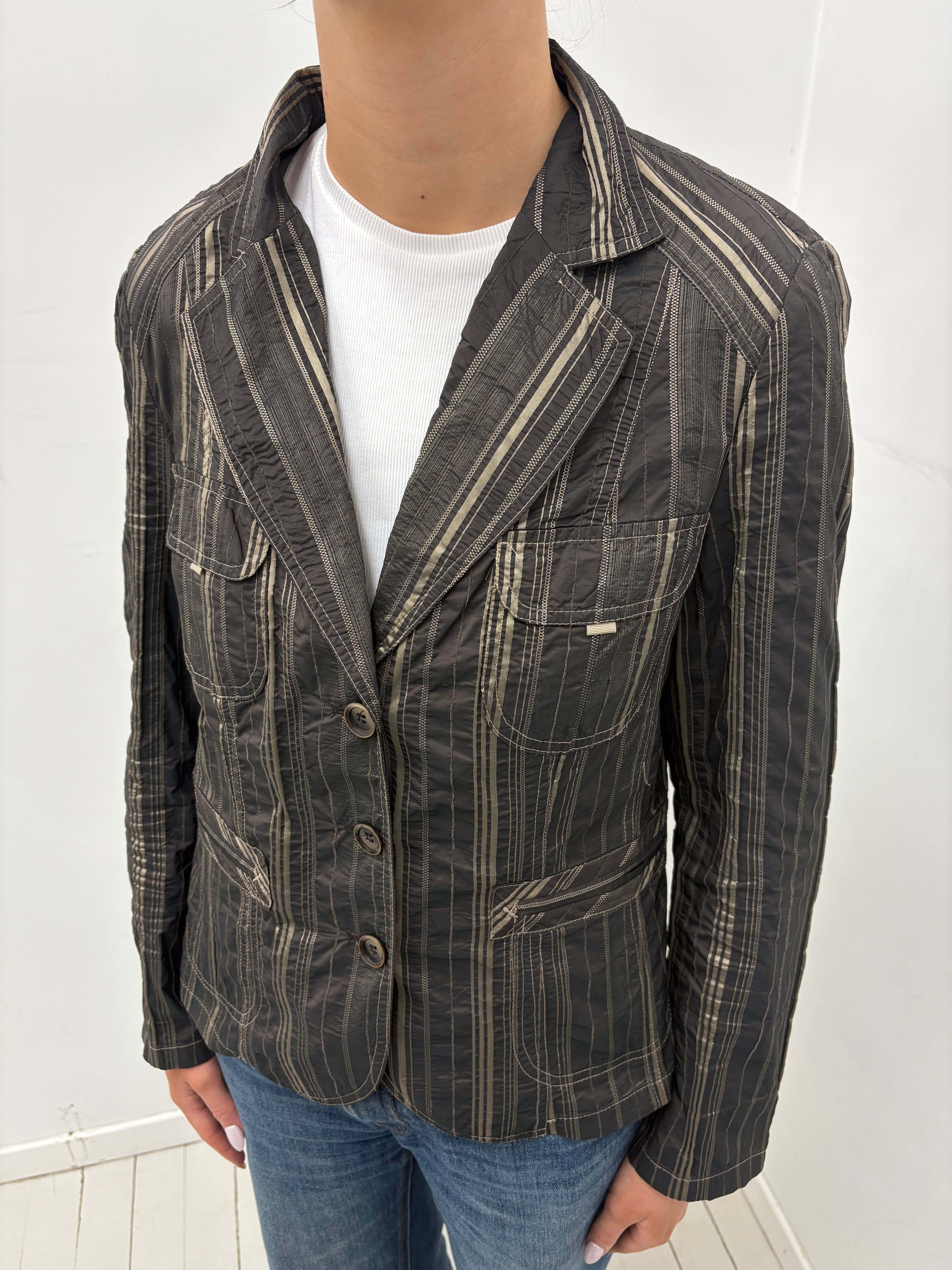 Brown Striped Fitted Jacket with Utility Pockets