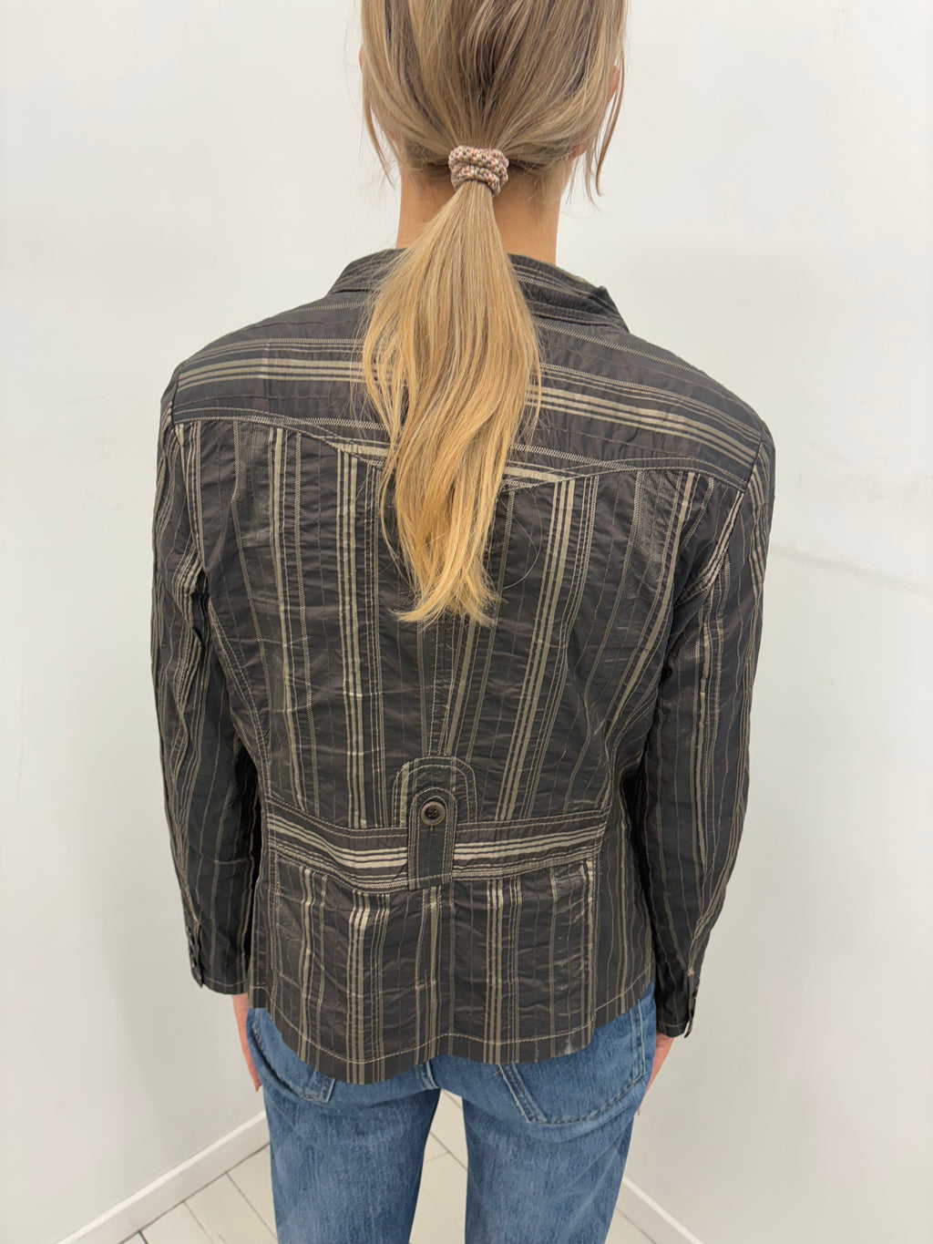 Brown Striped Fitted Jacket with Utility Pockets