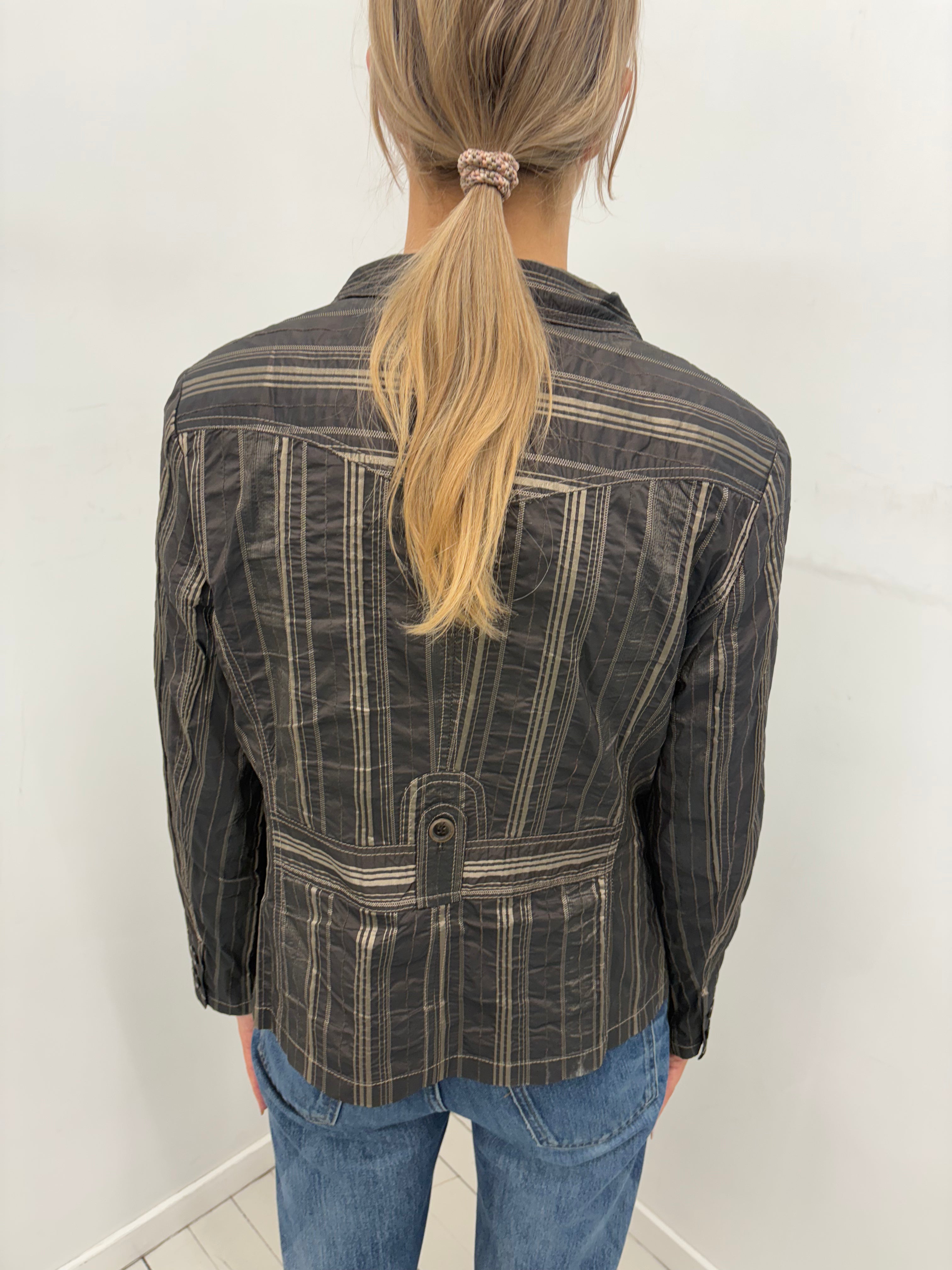 Brown Striped Fitted Jacket with Utility Pockets