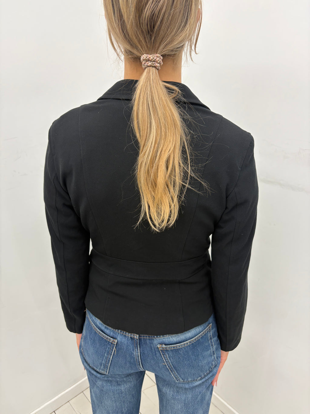 Black Fitted Blazer with Waist Belt Detail