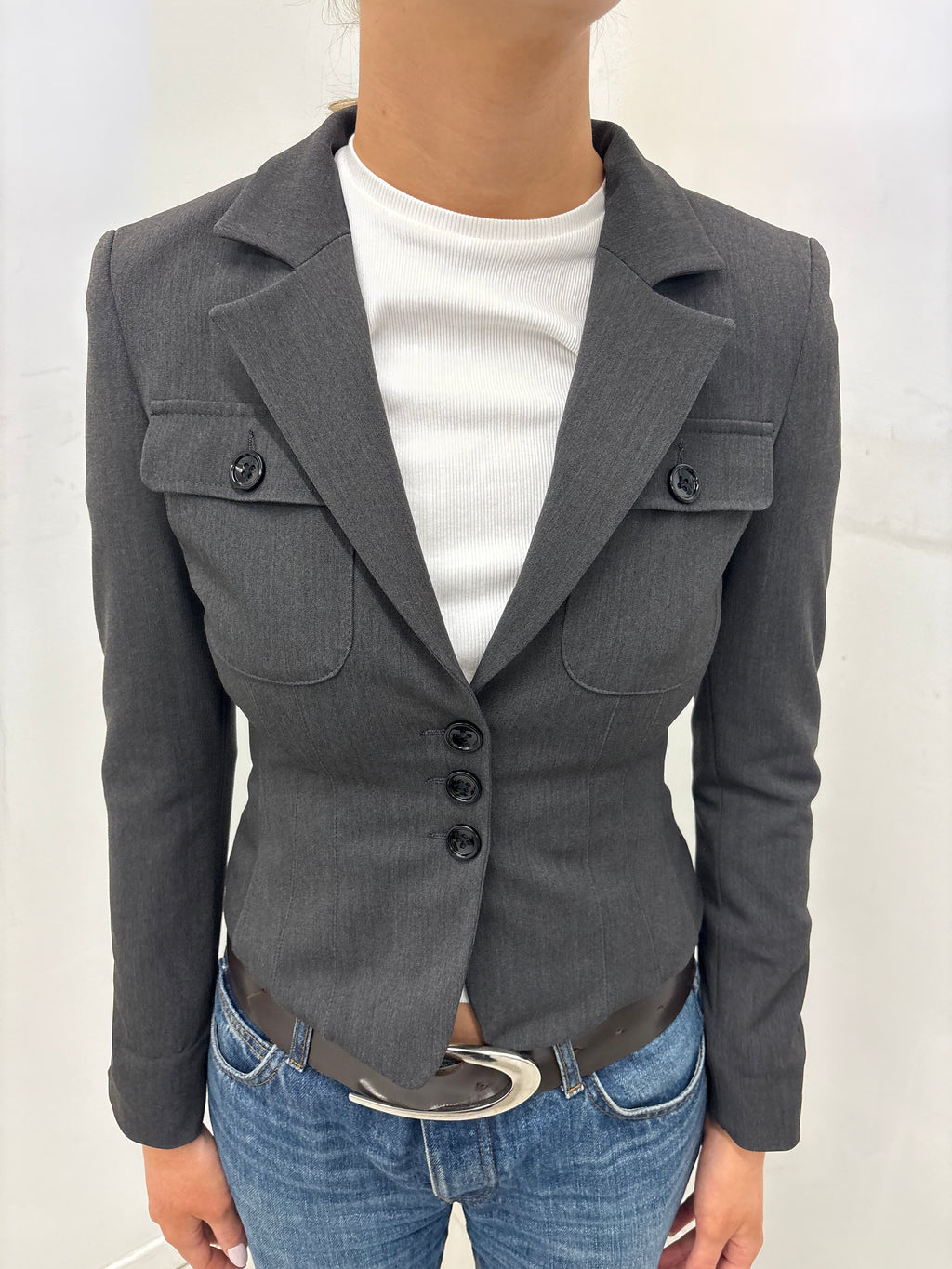 Grey Fitted Blazer with Buttoned Chest Pockets