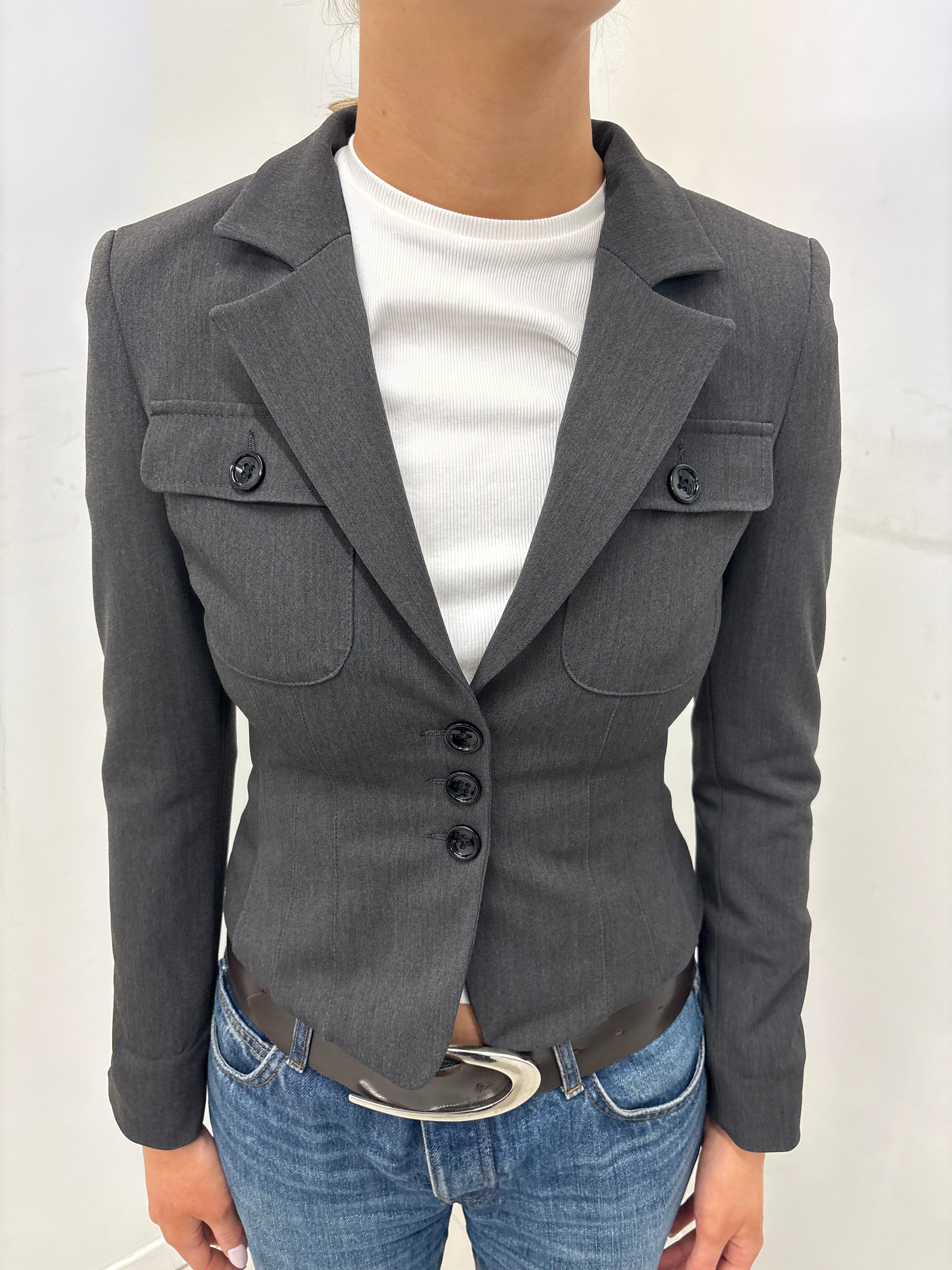 Grey Fitted Blazer with Buttoned Chest Pockets