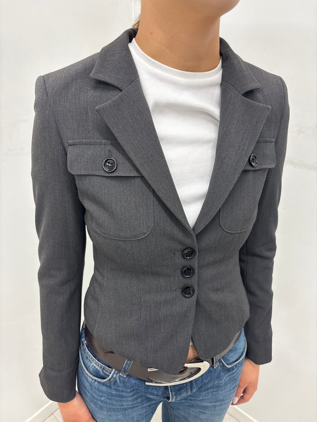 Grey Fitted Blazer with Buttoned Chest Pockets