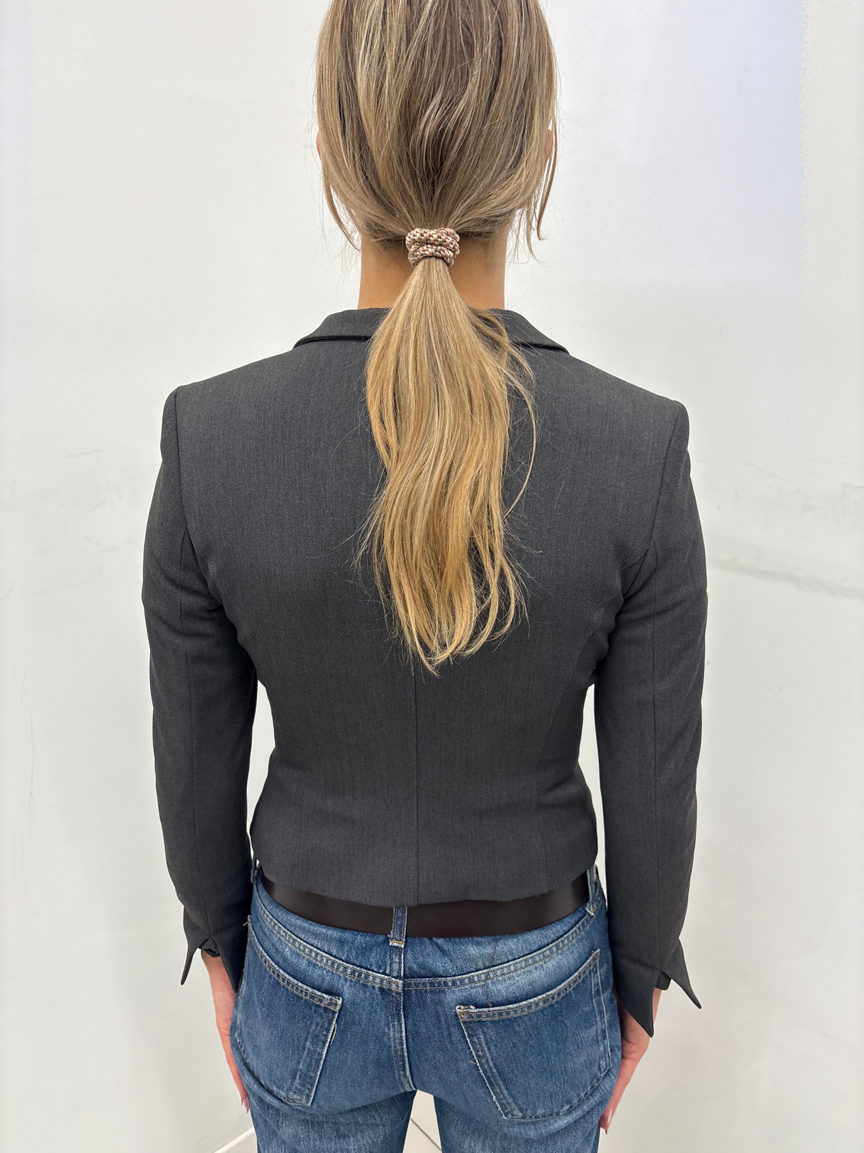 Grey Fitted Blazer with Buttoned Chest Pockets
