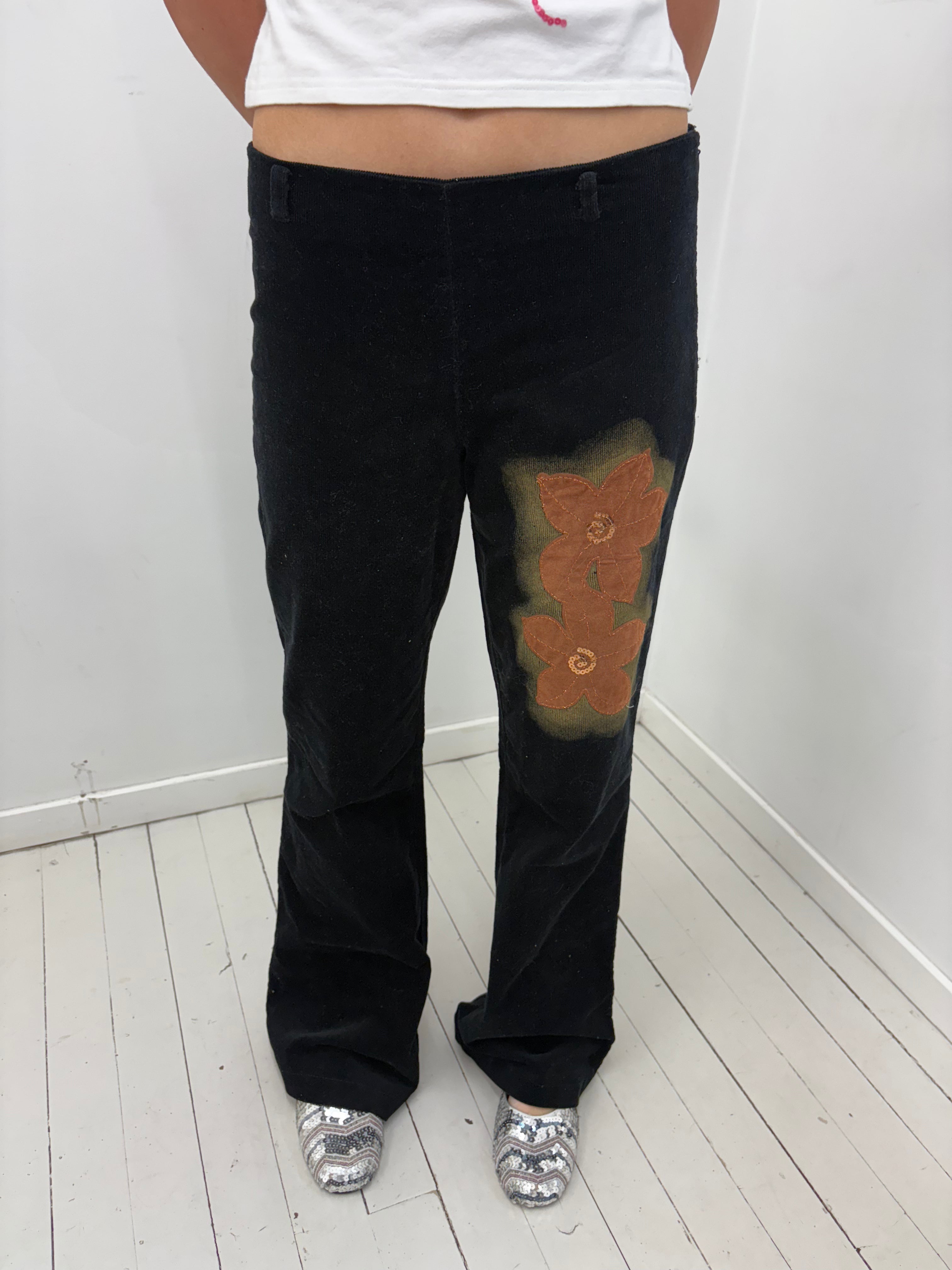 Black Corduroy Flared Pants with Floral Detail