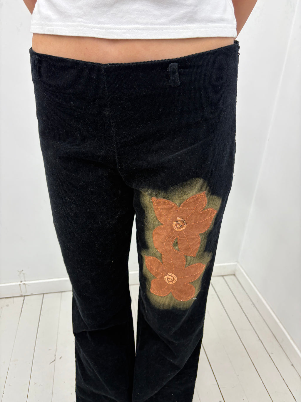 Black Corduroy Flared Pants with Floral Detail