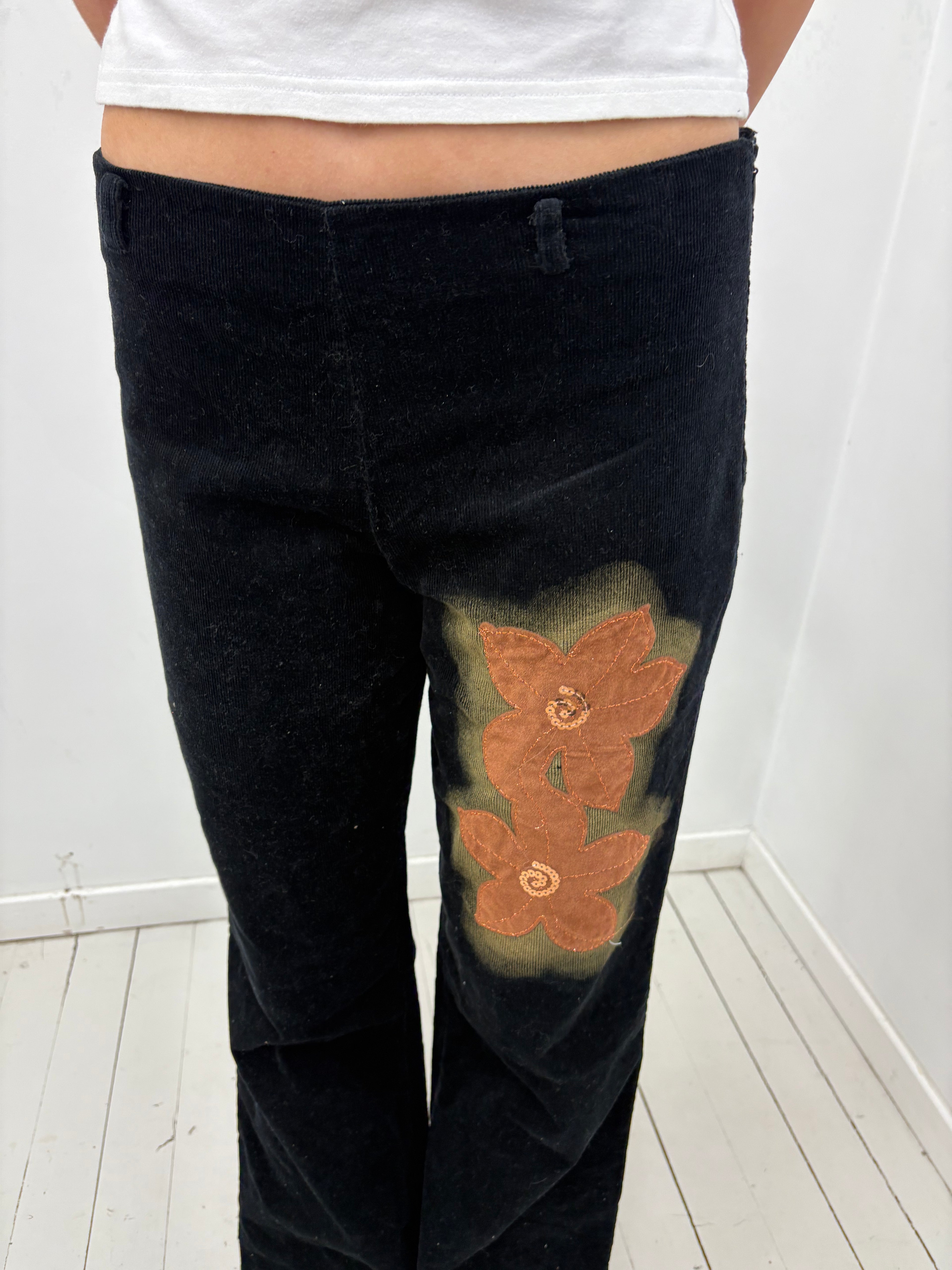 Black Corduroy Flared Pants with Floral Detail