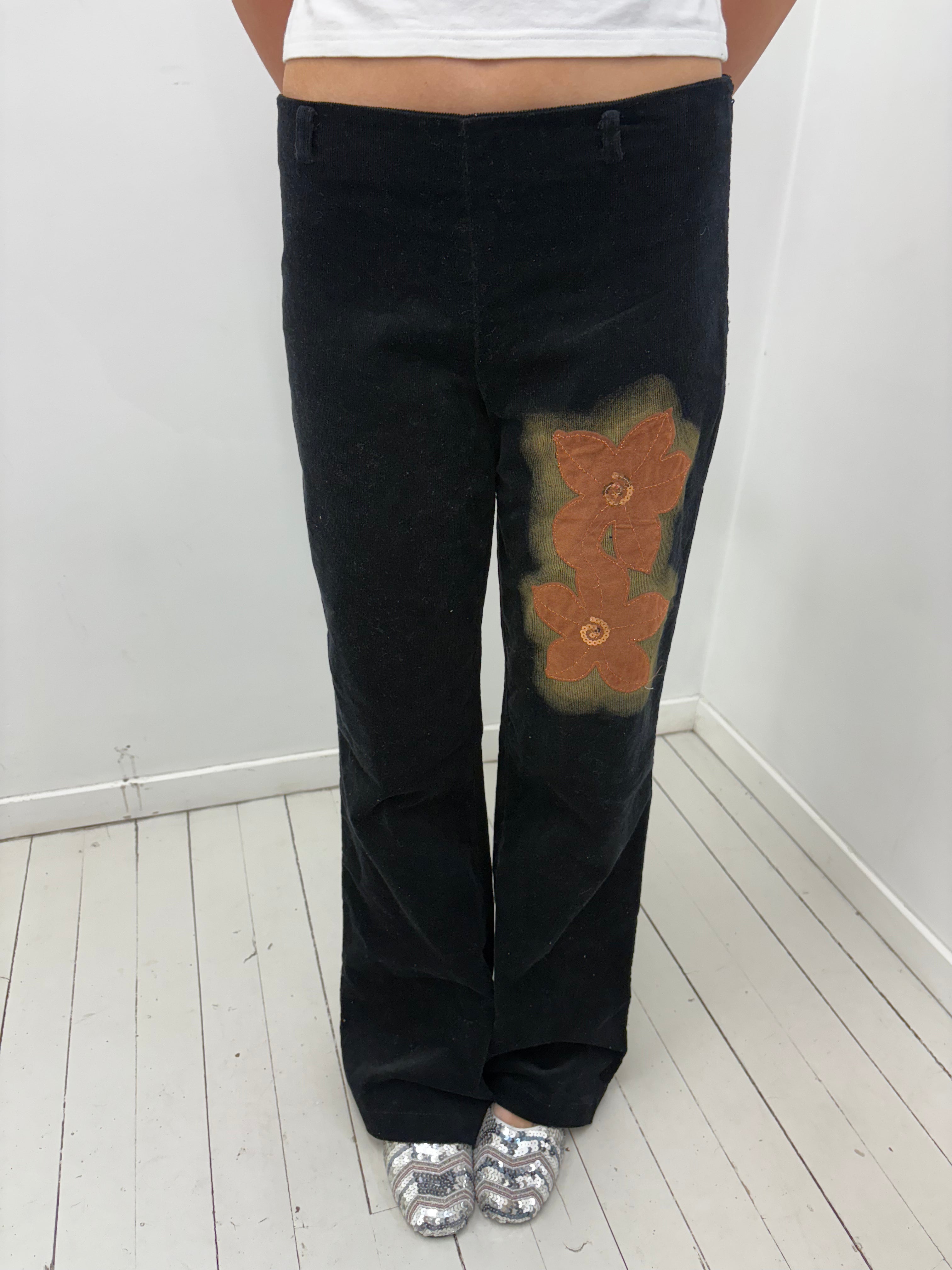 Black Corduroy Flared Pants with Floral Detail