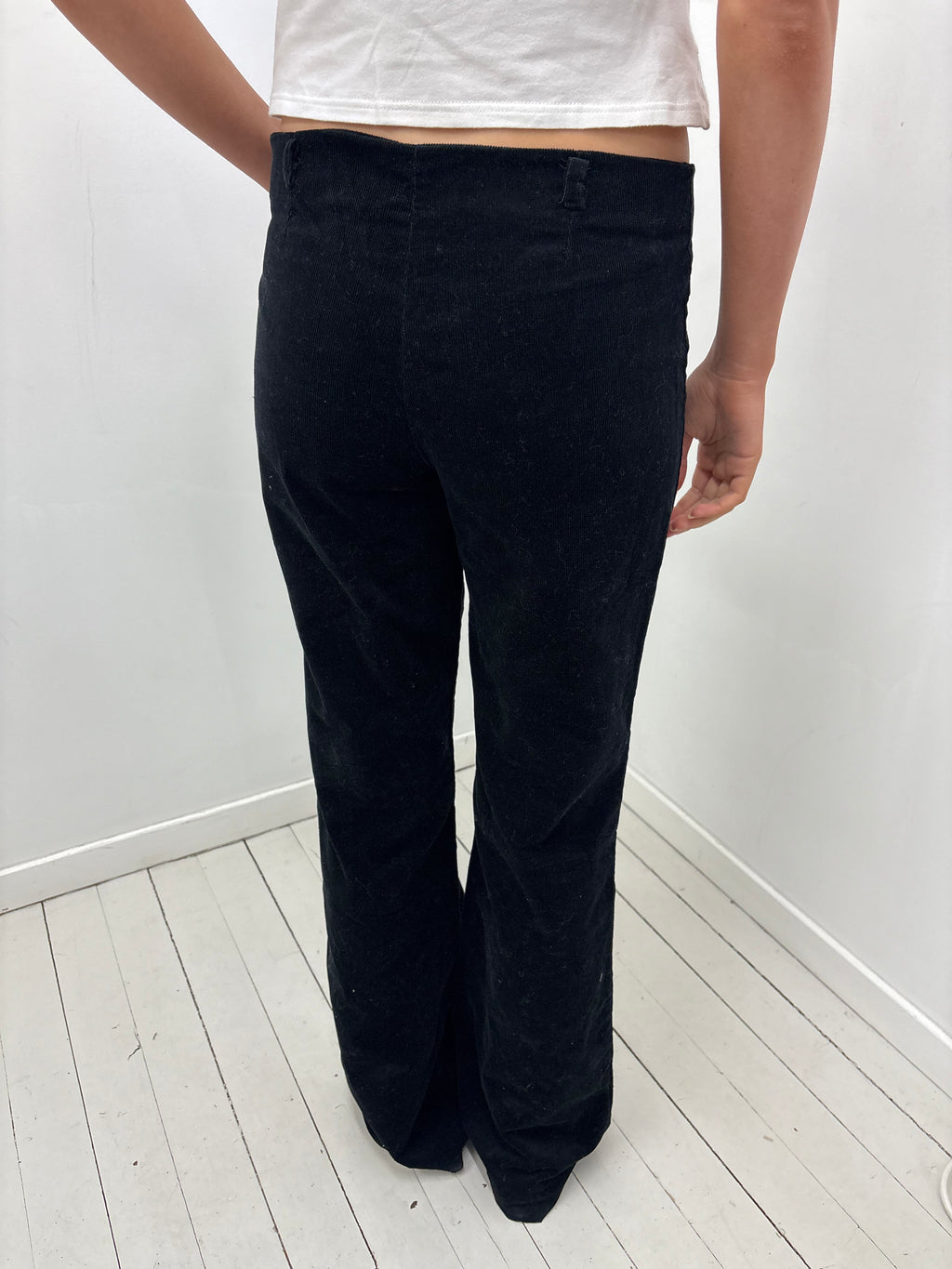 Black Corduroy Flared Pants with Floral Detail