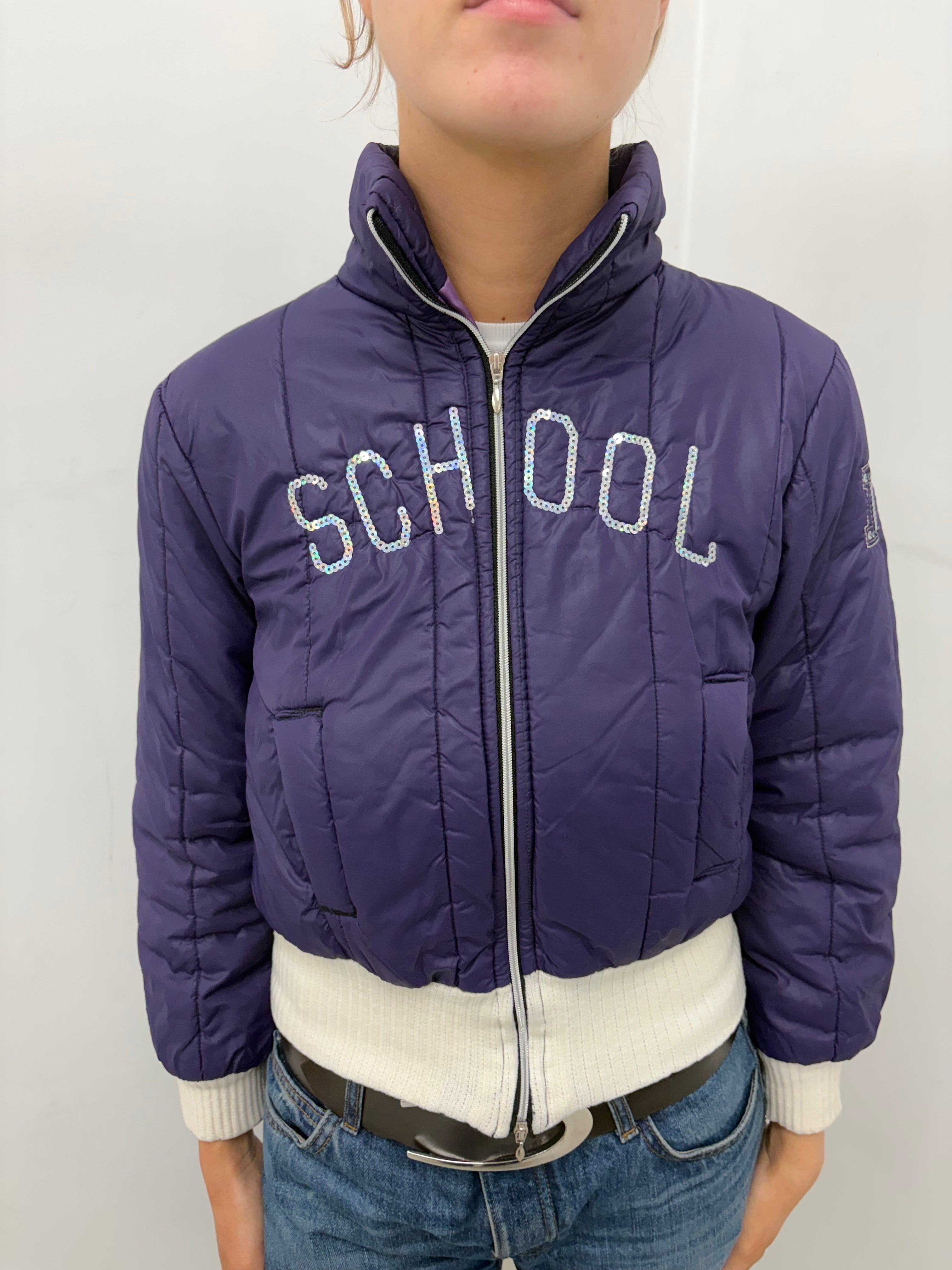 Purple Cropped Puffer Jacket with Sequin Logo