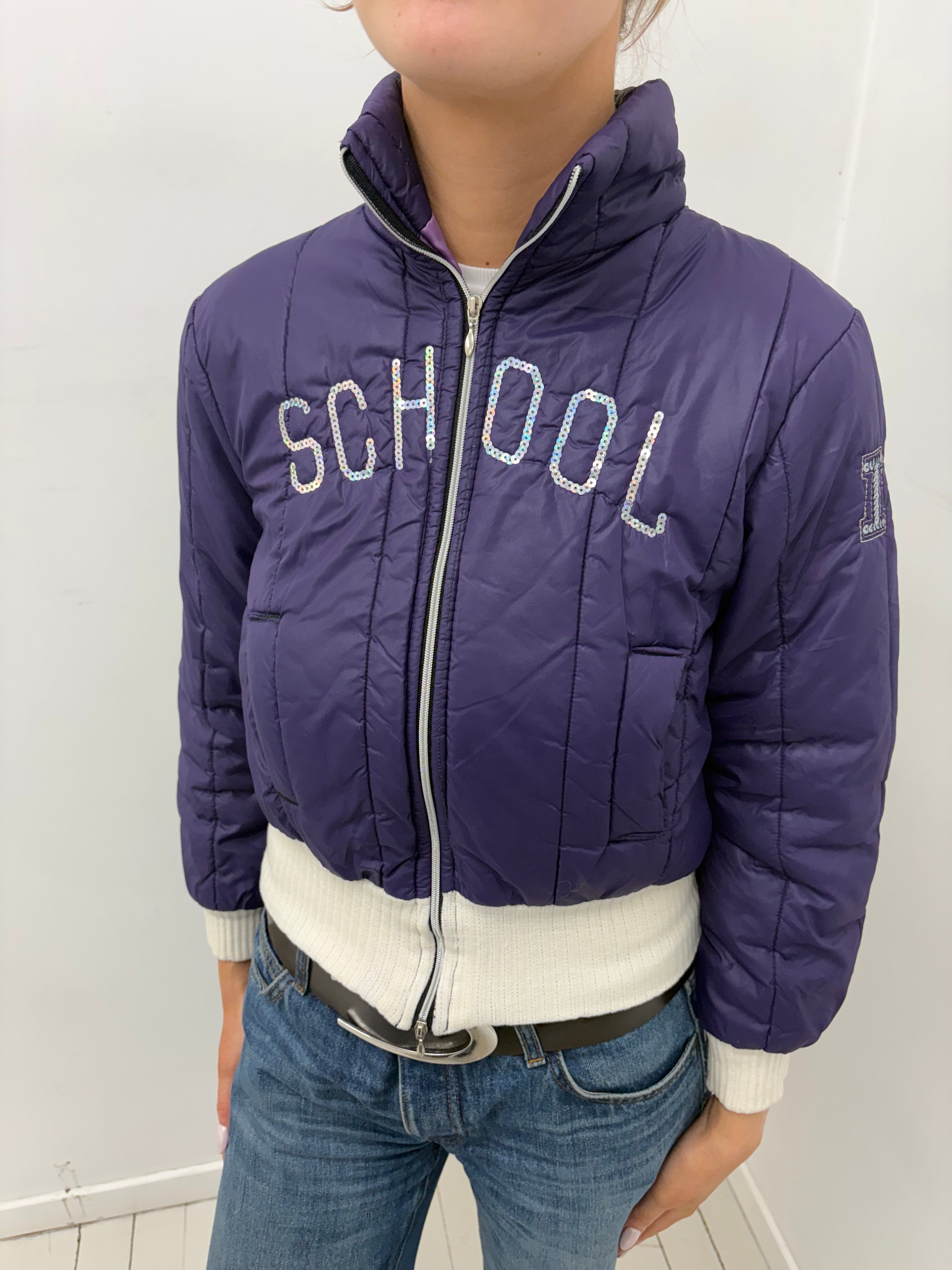 Purple Cropped Puffer Jacket with Sequin Logo