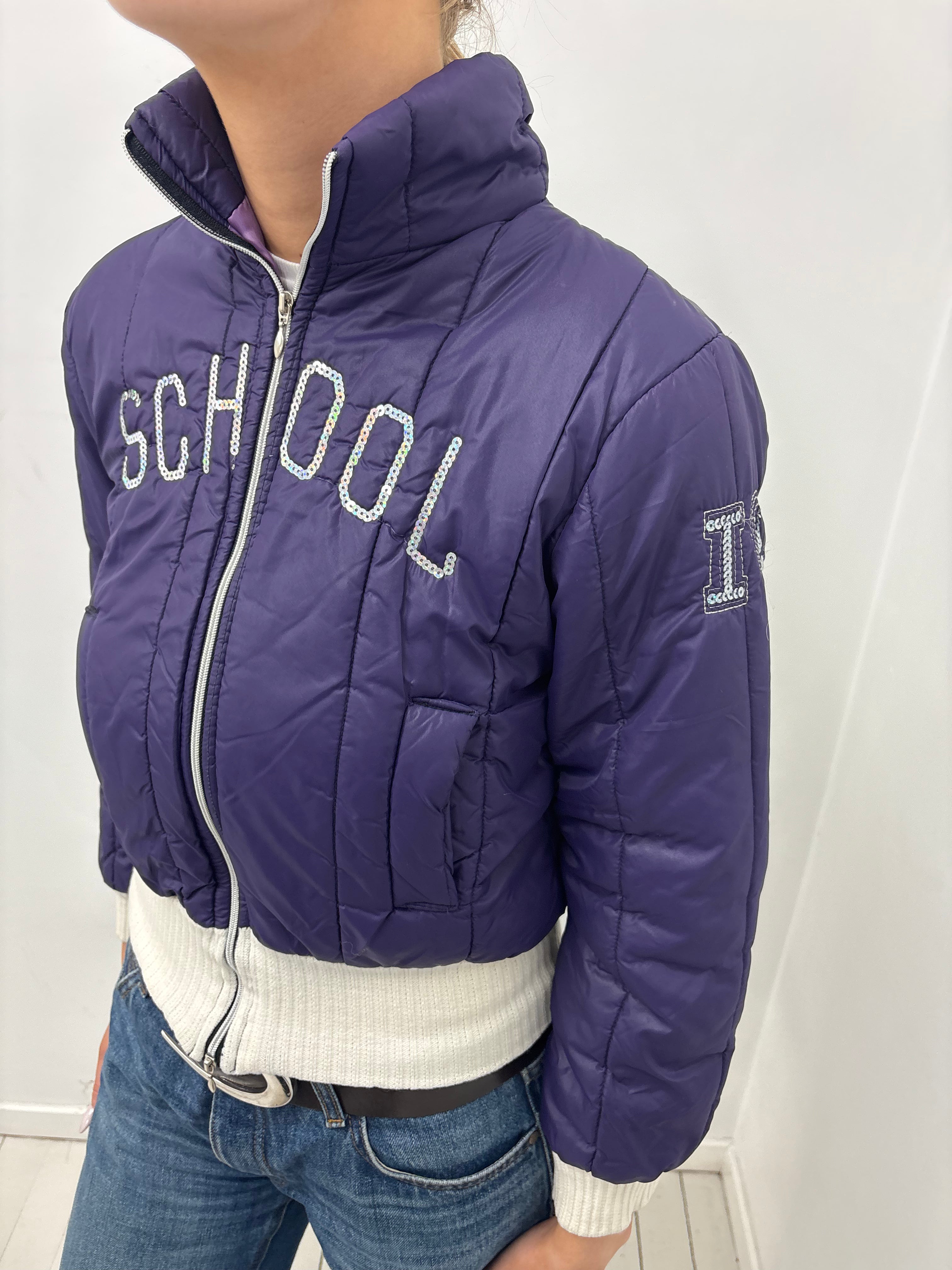 Purple Cropped Puffer Jacket with Sequin Logo