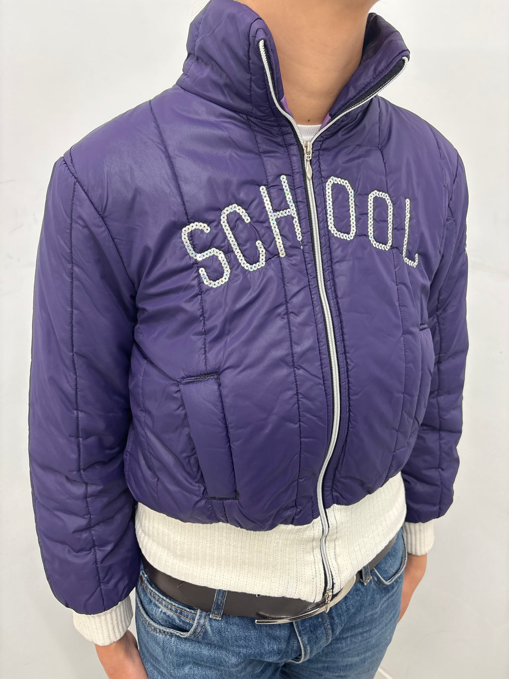 Purple Cropped Puffer Jacket with Sequin Logo
