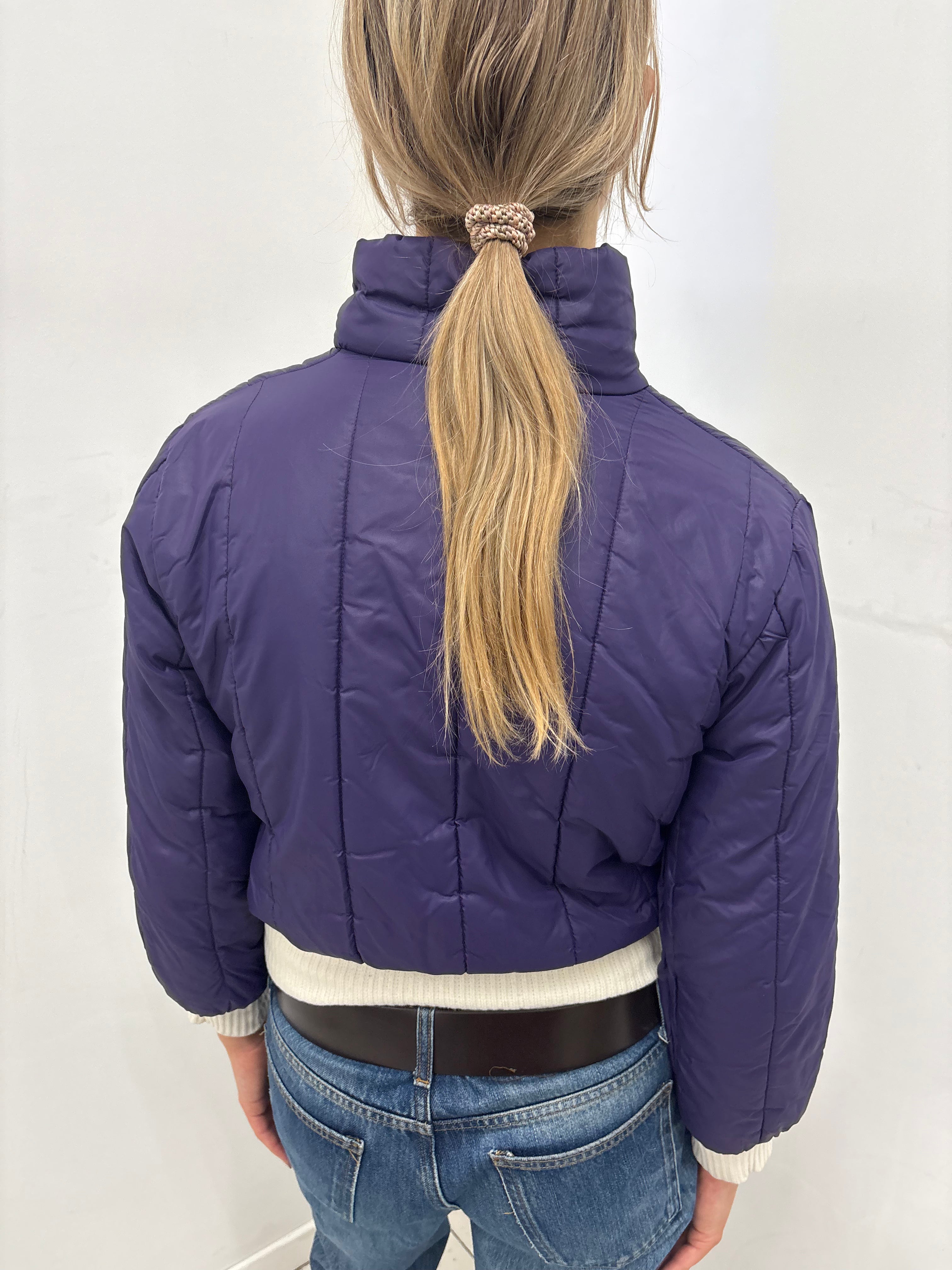 Purple Cropped Puffer Jacket with Sequin Logo