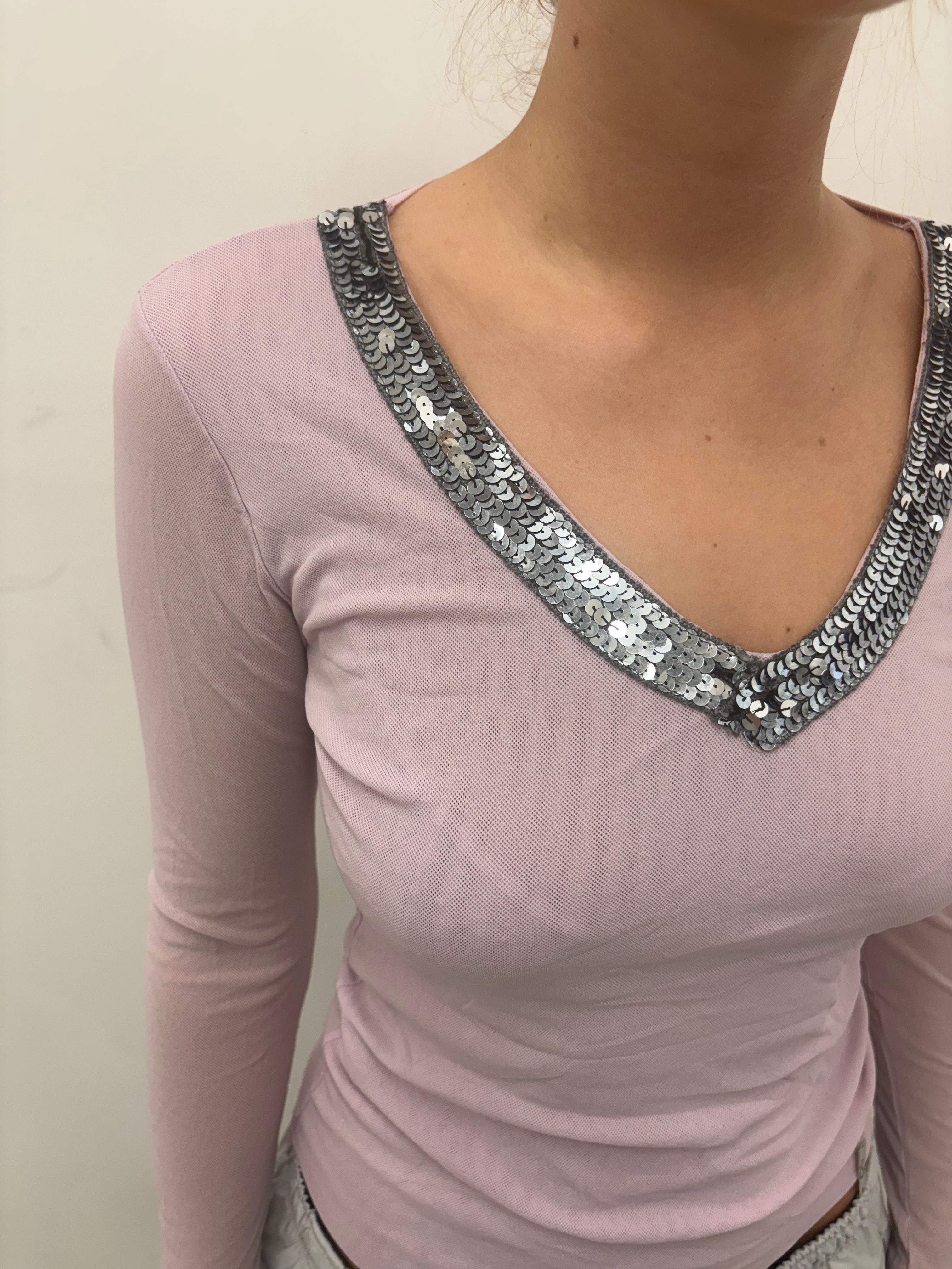 Baby Pink Sequin Trim V-Neck Top