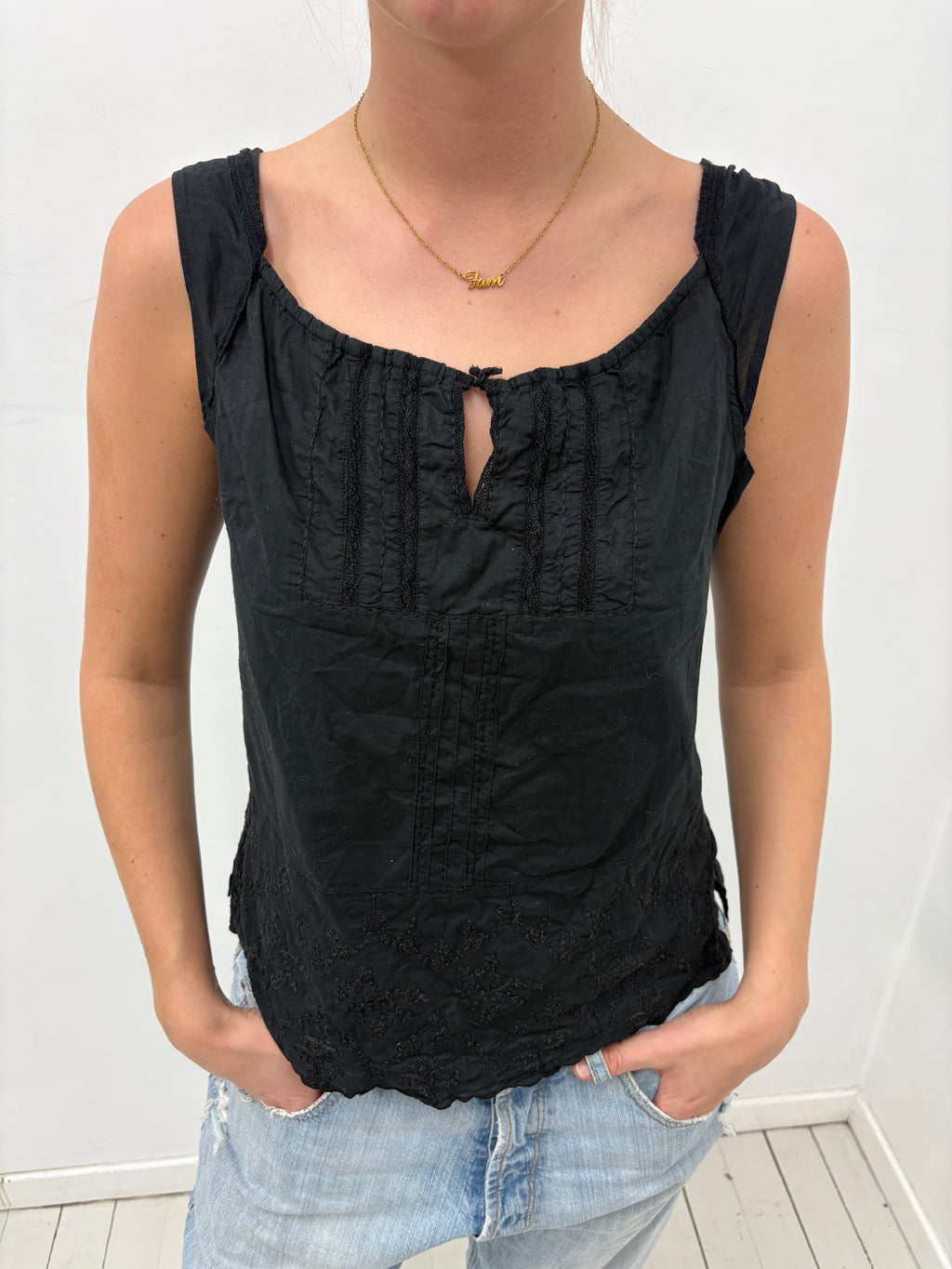 Black Embroidered Cotton Camisole Top