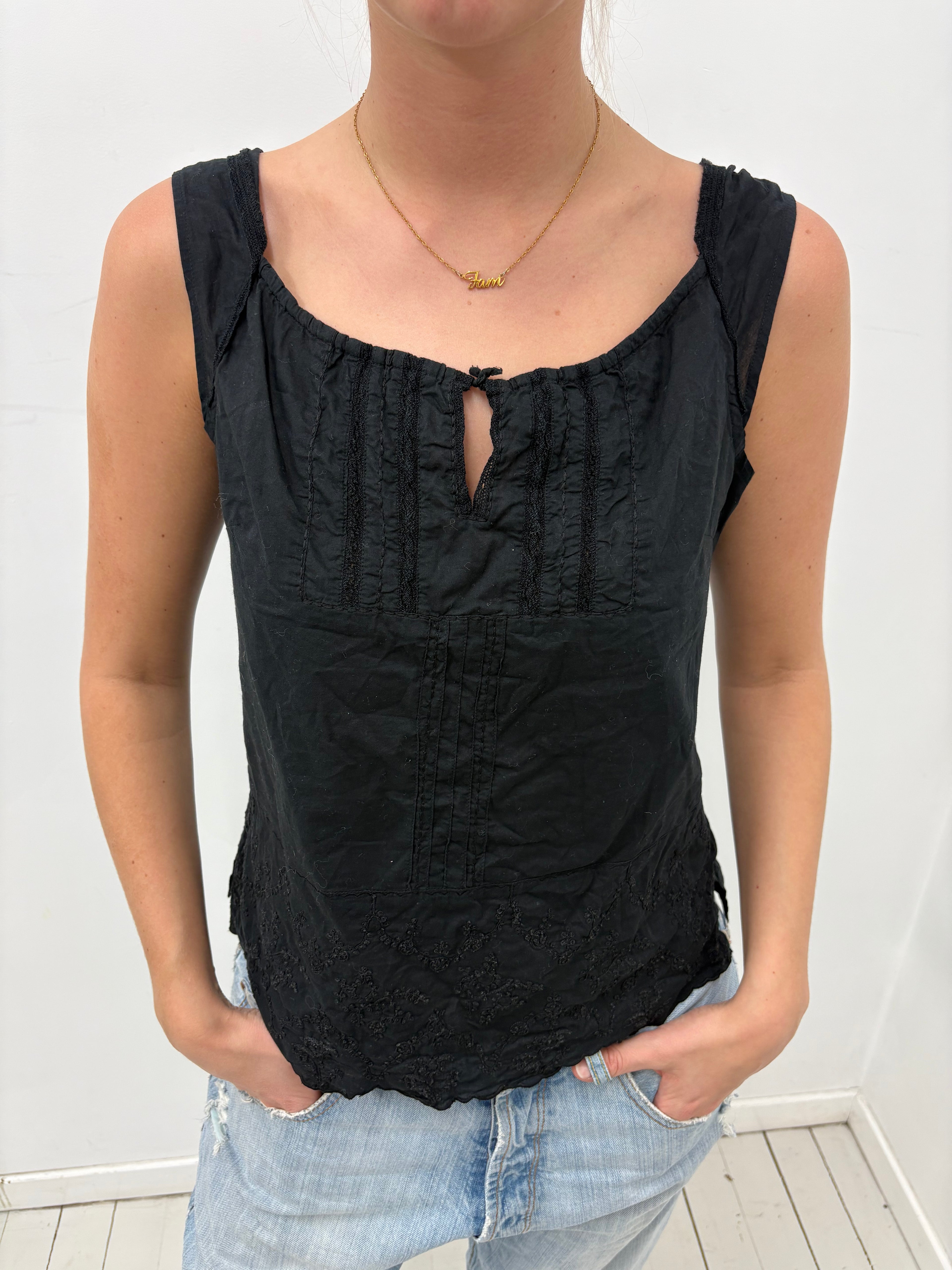 Black Embroidered Cotton Camisole Top
