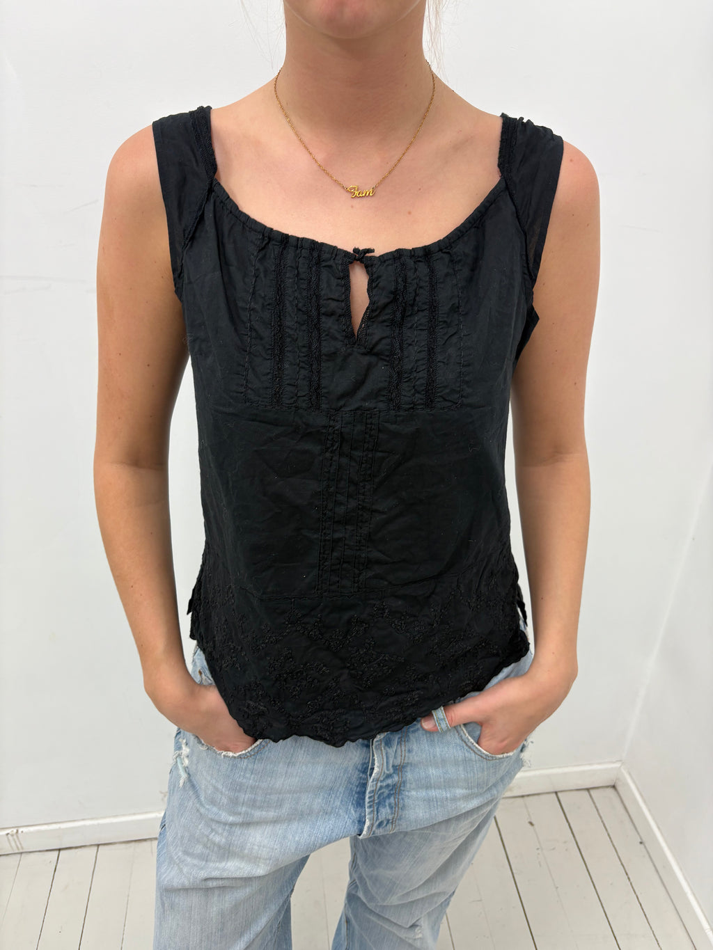 Black Embroidered Cotton Camisole Top