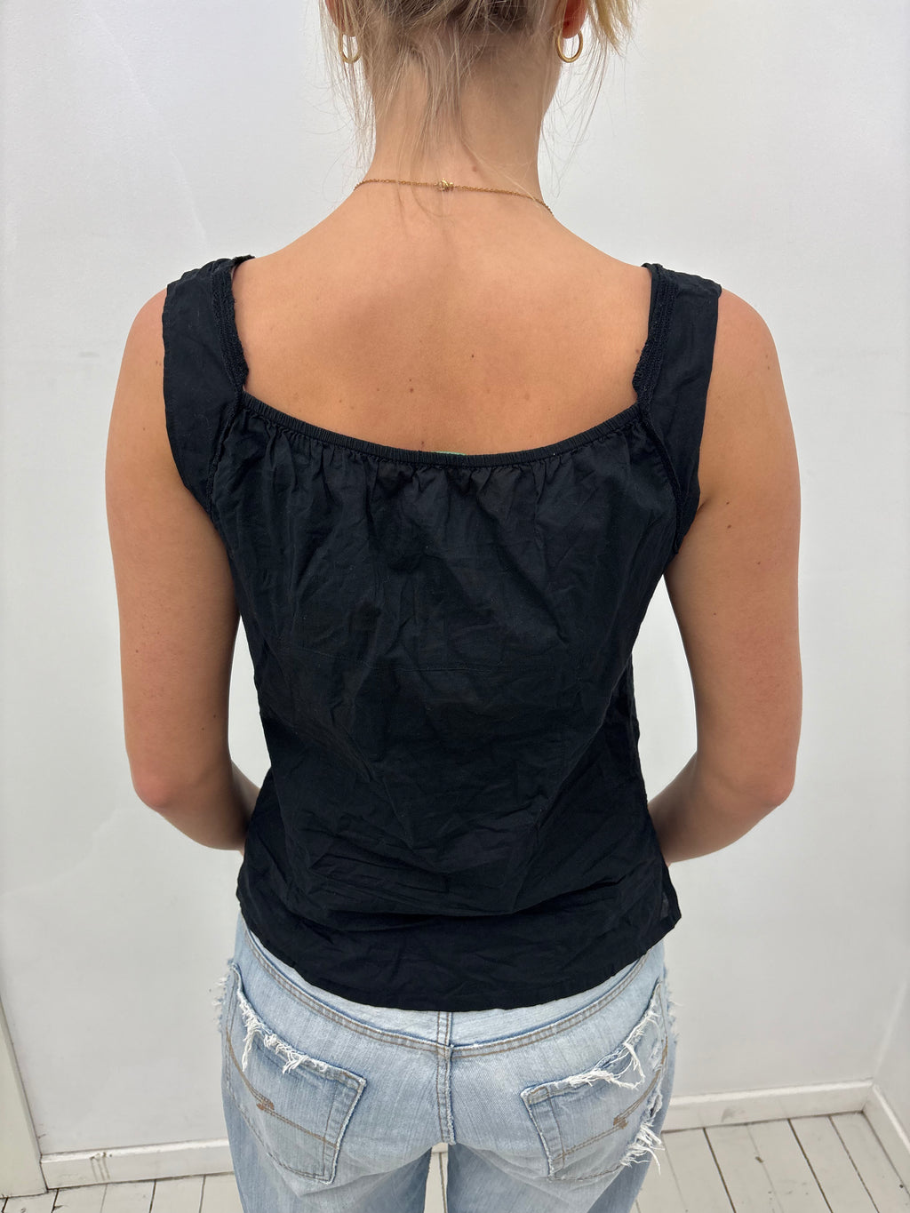 Black Embroidered Cotton Camisole Top