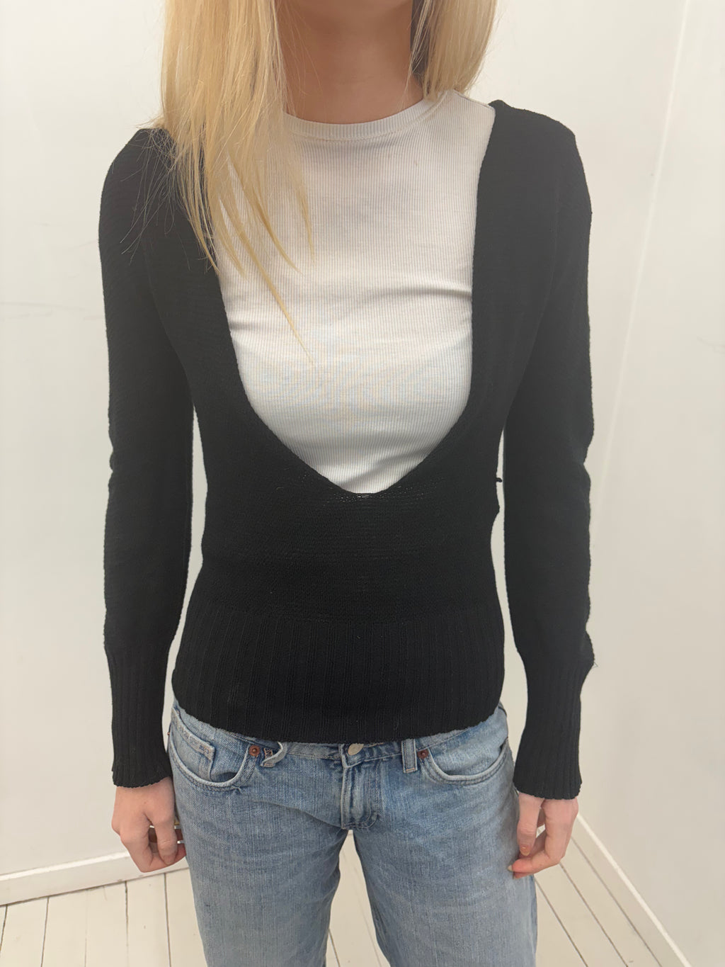 Black Deep V-neck Y2K Knit Sweater Top