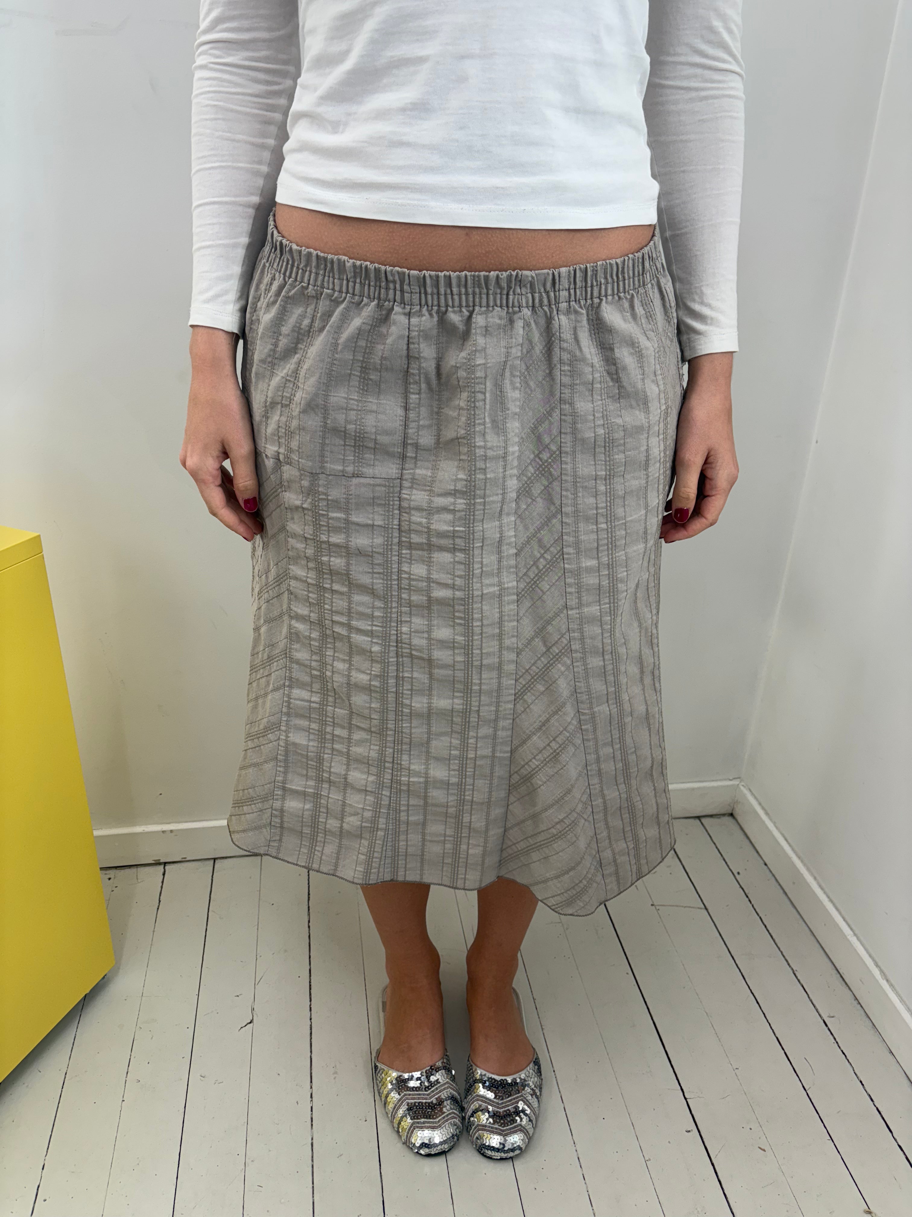 Grey Textured Stripe Elasticated Waist Midi Skirt