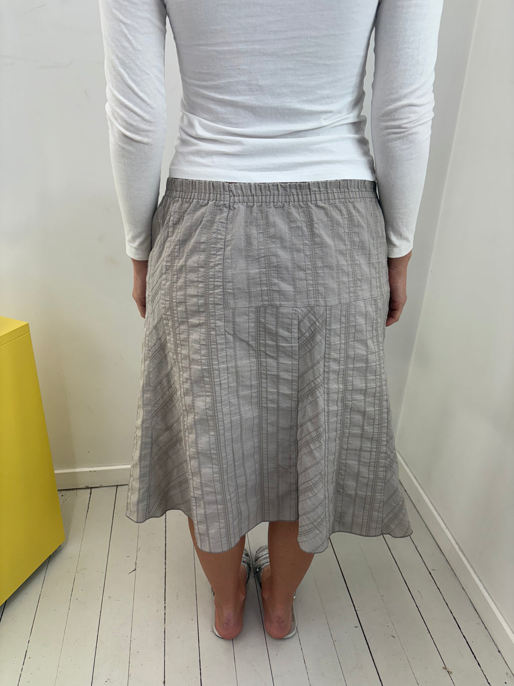 Grey Textured Stripe Elasticated Waist Midi Skirt