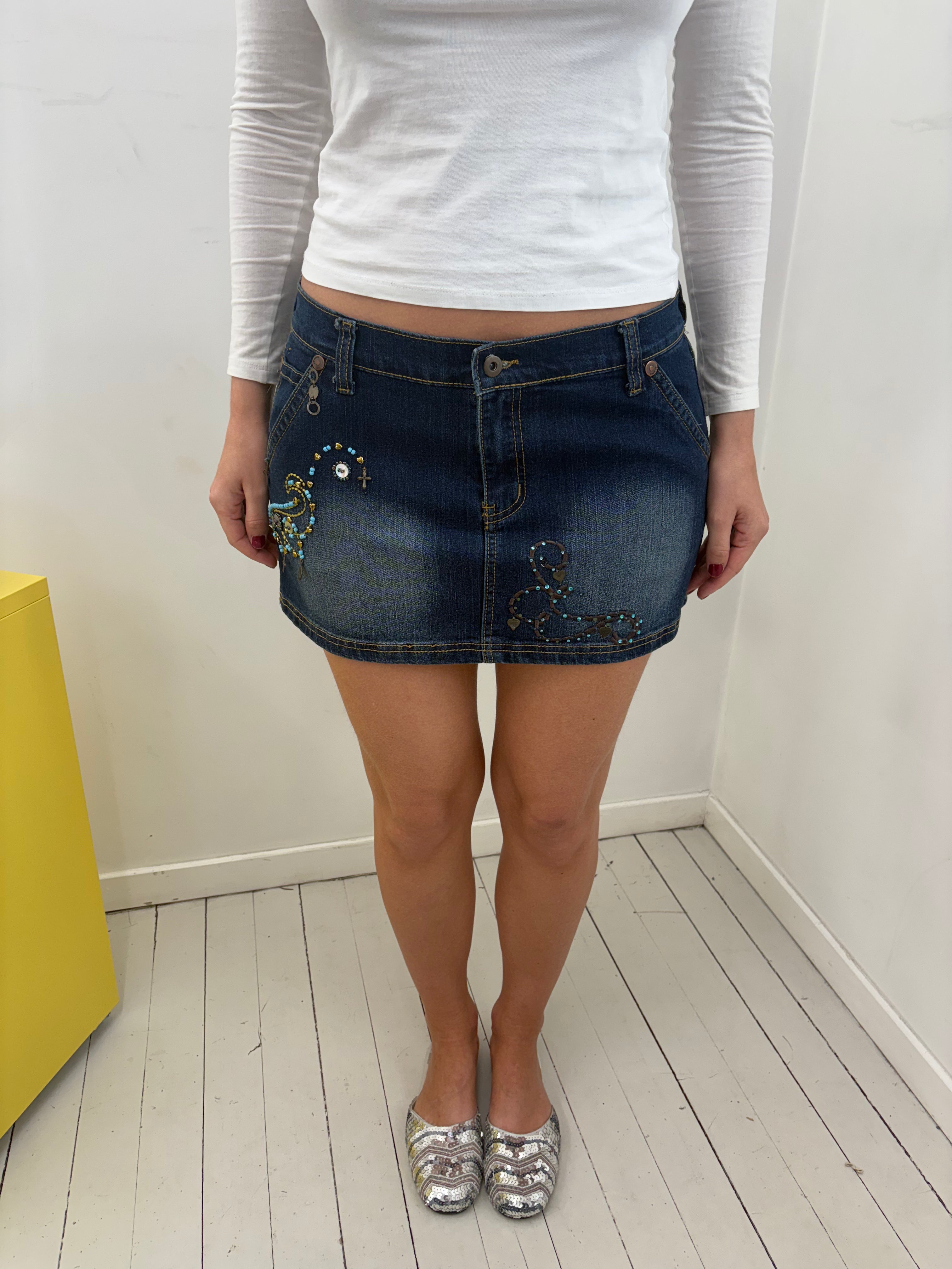 Dark Wash Denim Mini Skirt Turquoise Bead Embellishment