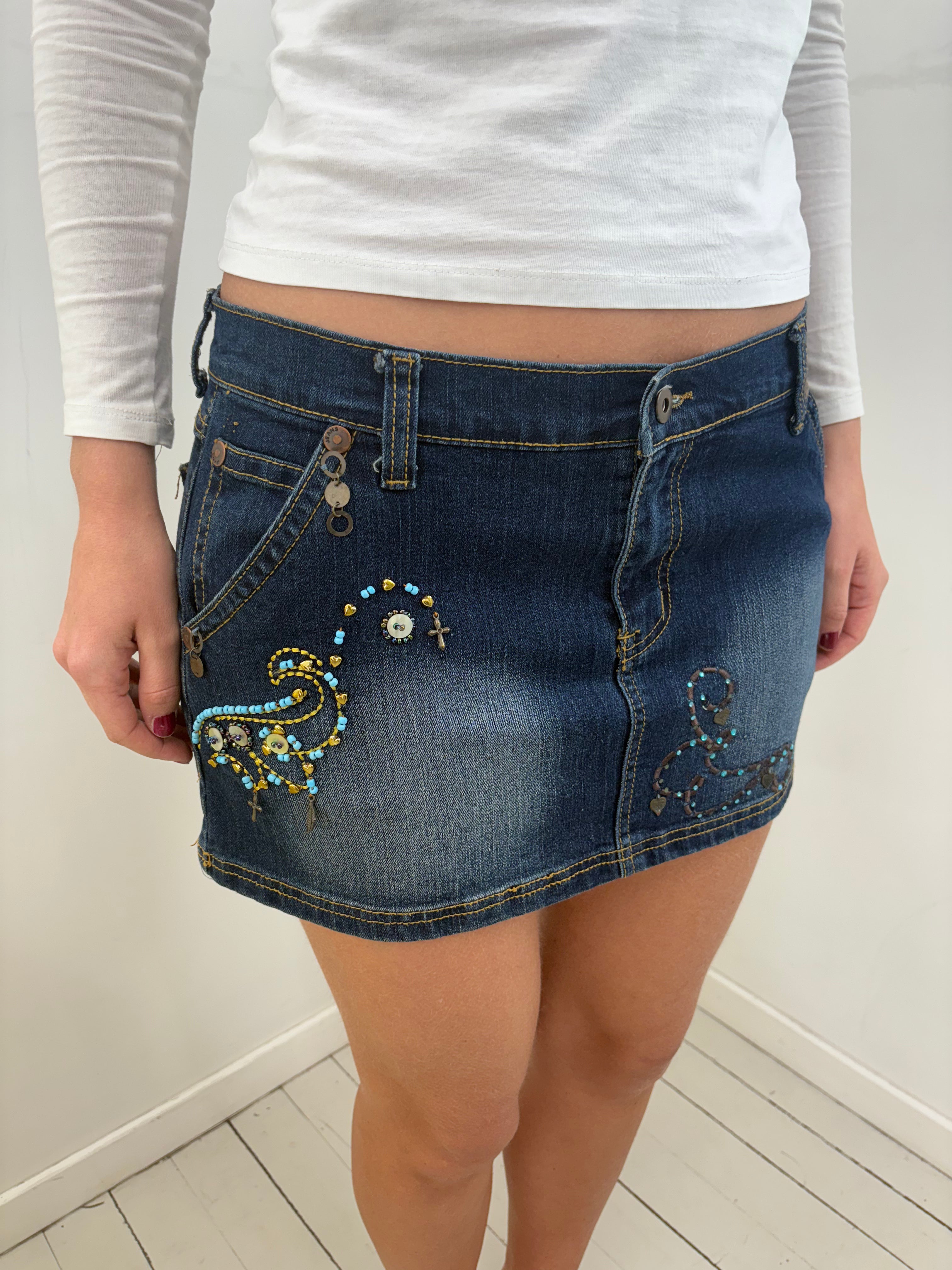 Dark Wash Denim Mini Skirt Turquoise Bead Embellishment
