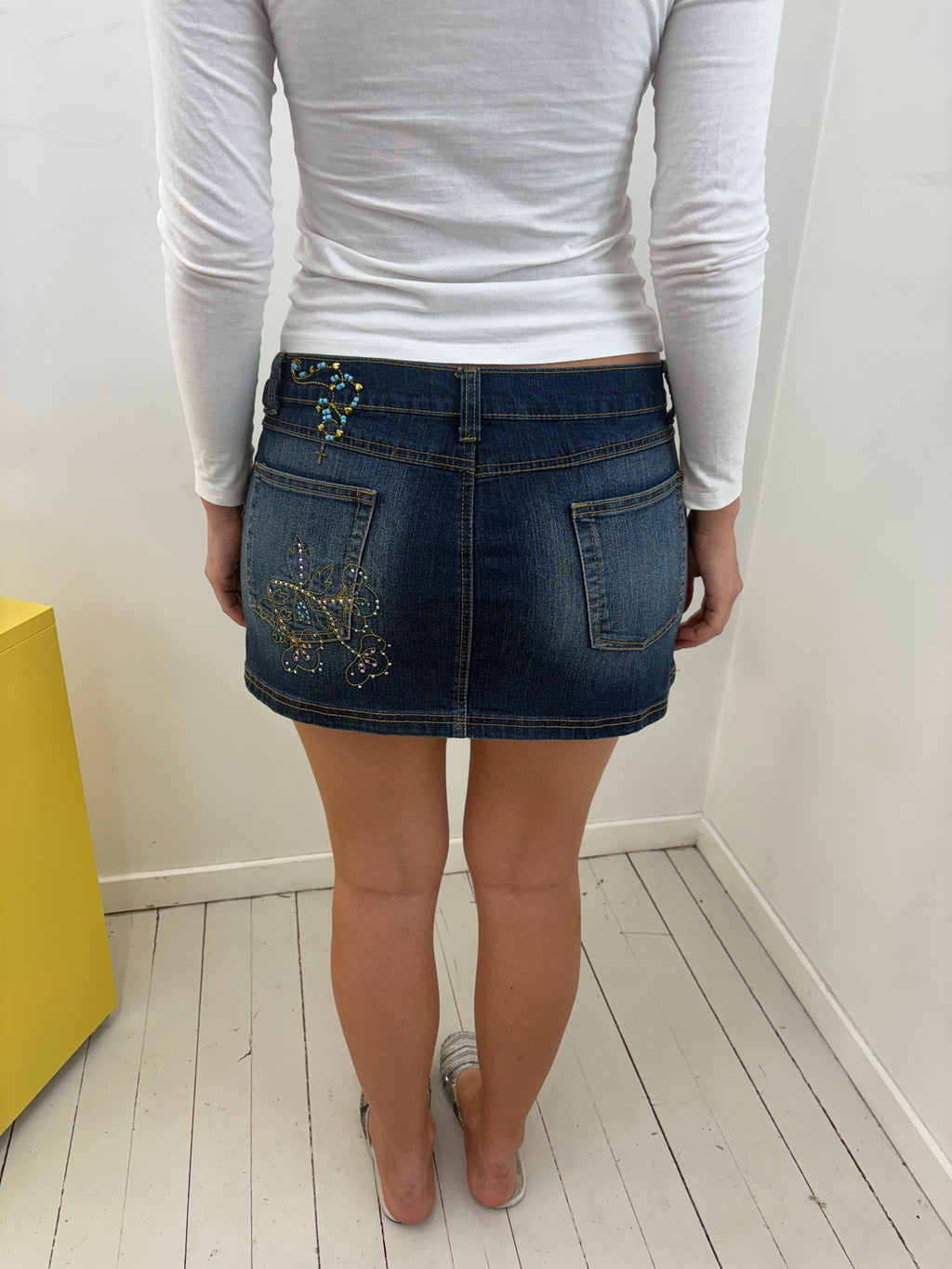 Dark Wash Denim Mini Skirt Turquoise Bead Embellishment