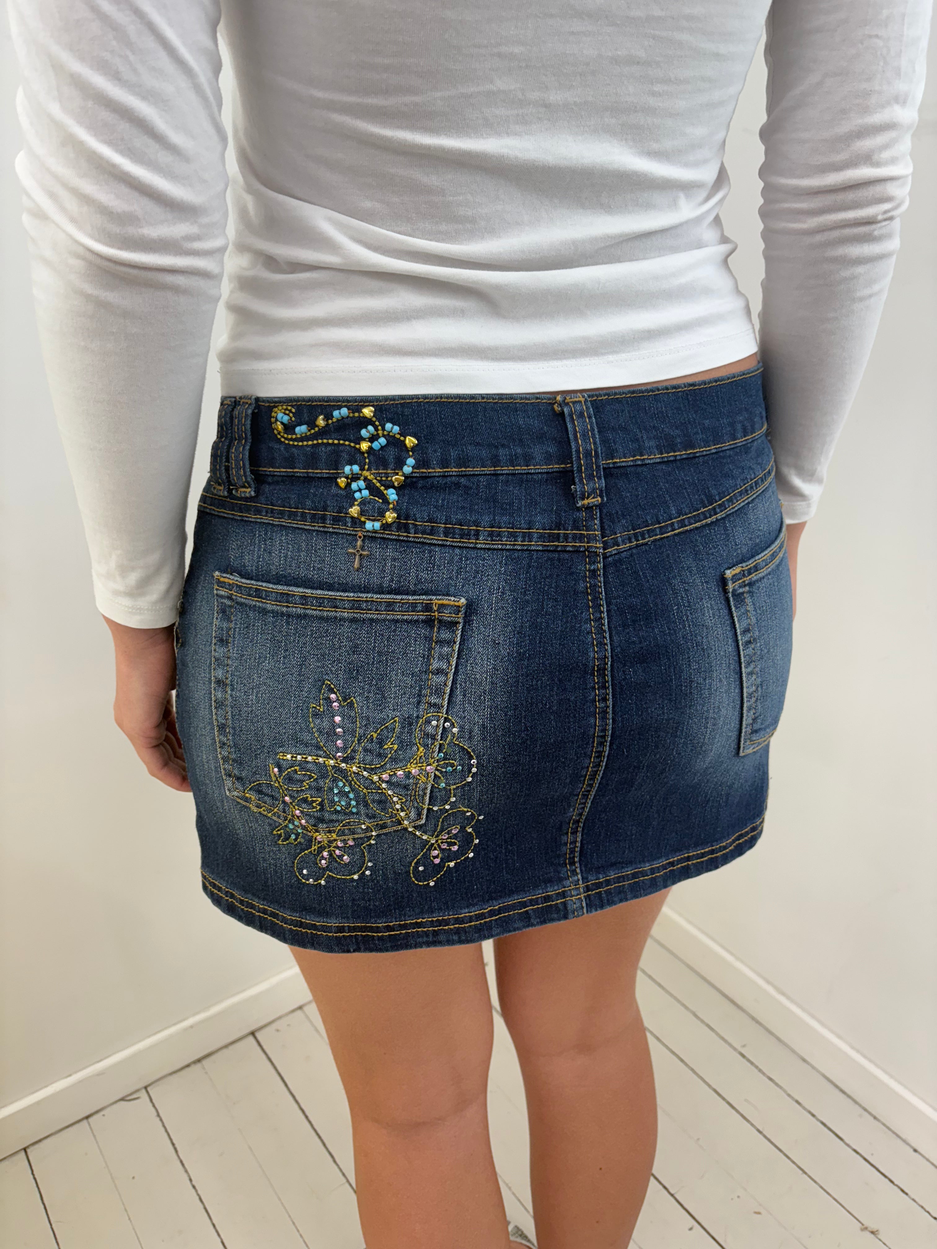 Dark Wash Denim Mini Skirt Turquoise Bead Embellishment