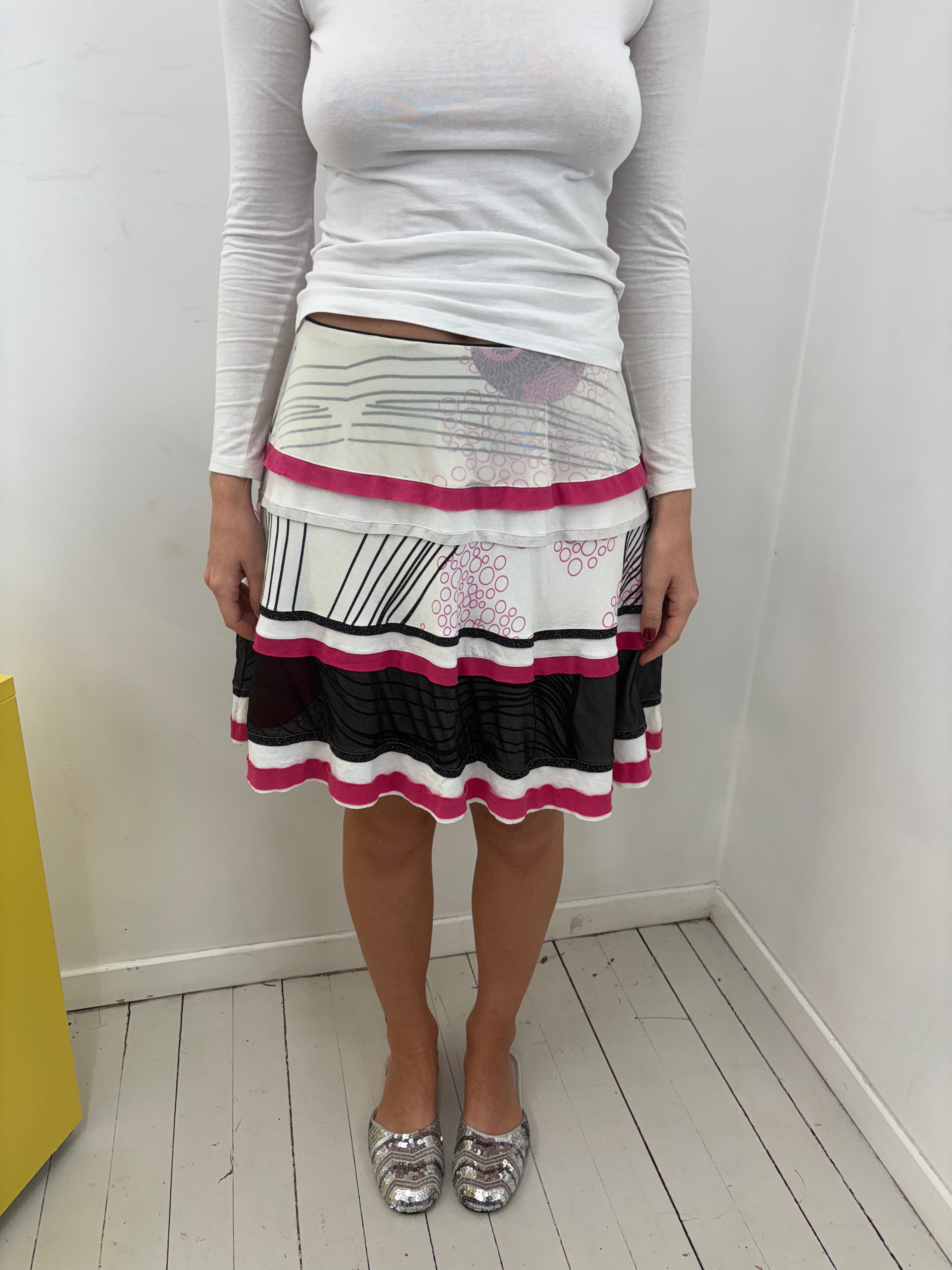 Pink Black White Abstract Tiered Ruffle Midi Skirt