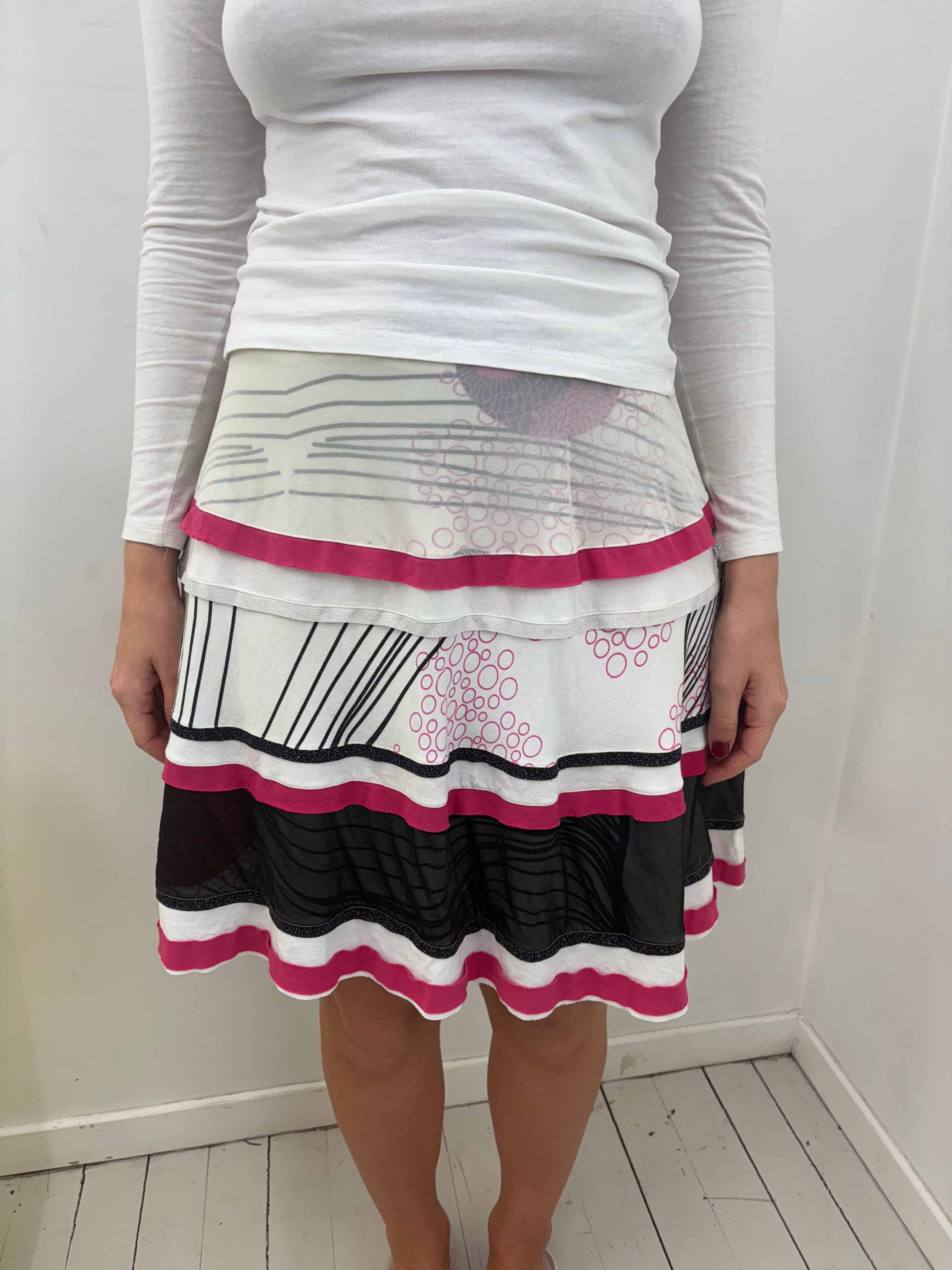 Pink Black White Abstract Tiered Ruffle Midi Skirt