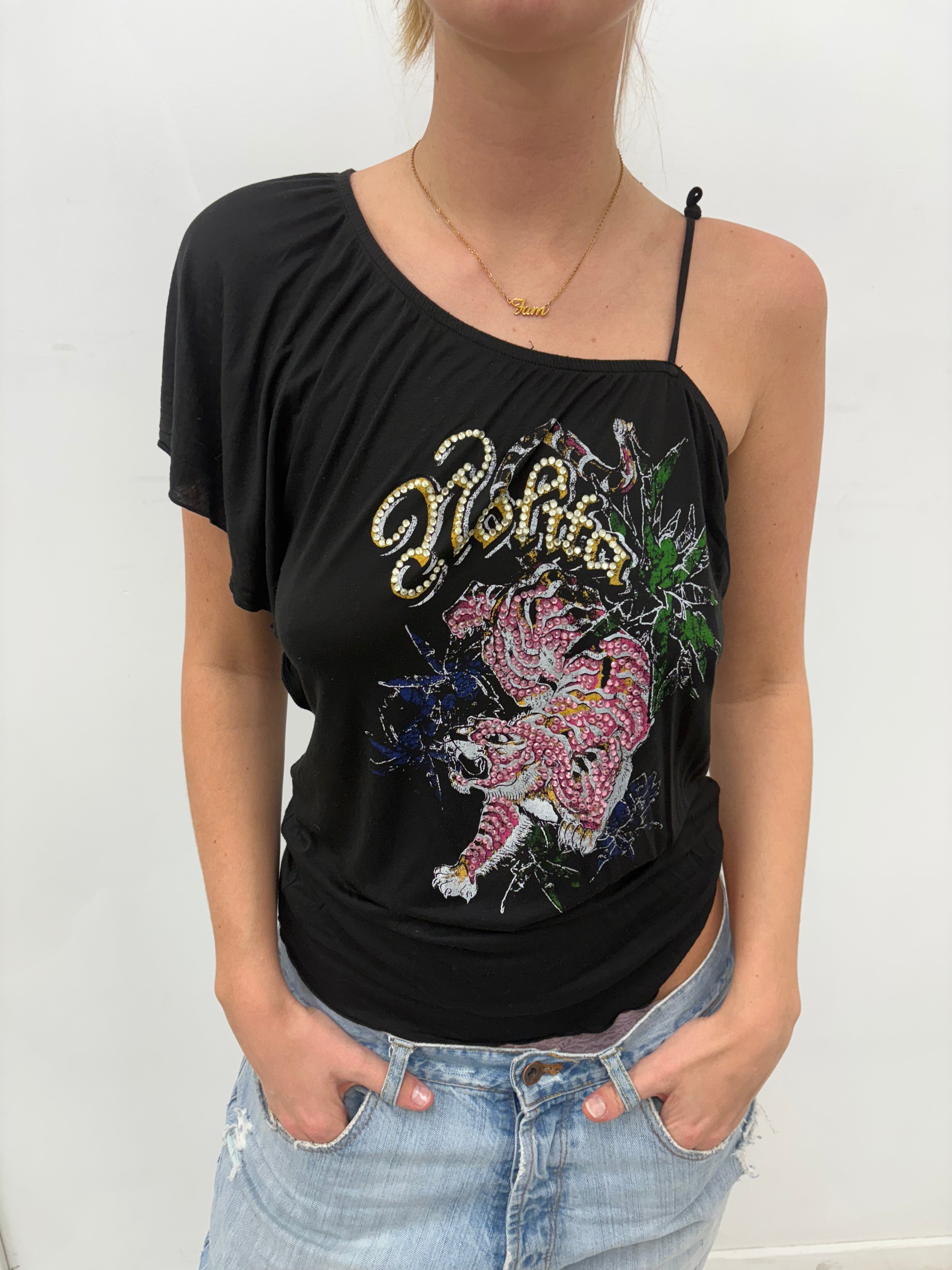 Y2K Embellished Tiger One-Shoulder Top