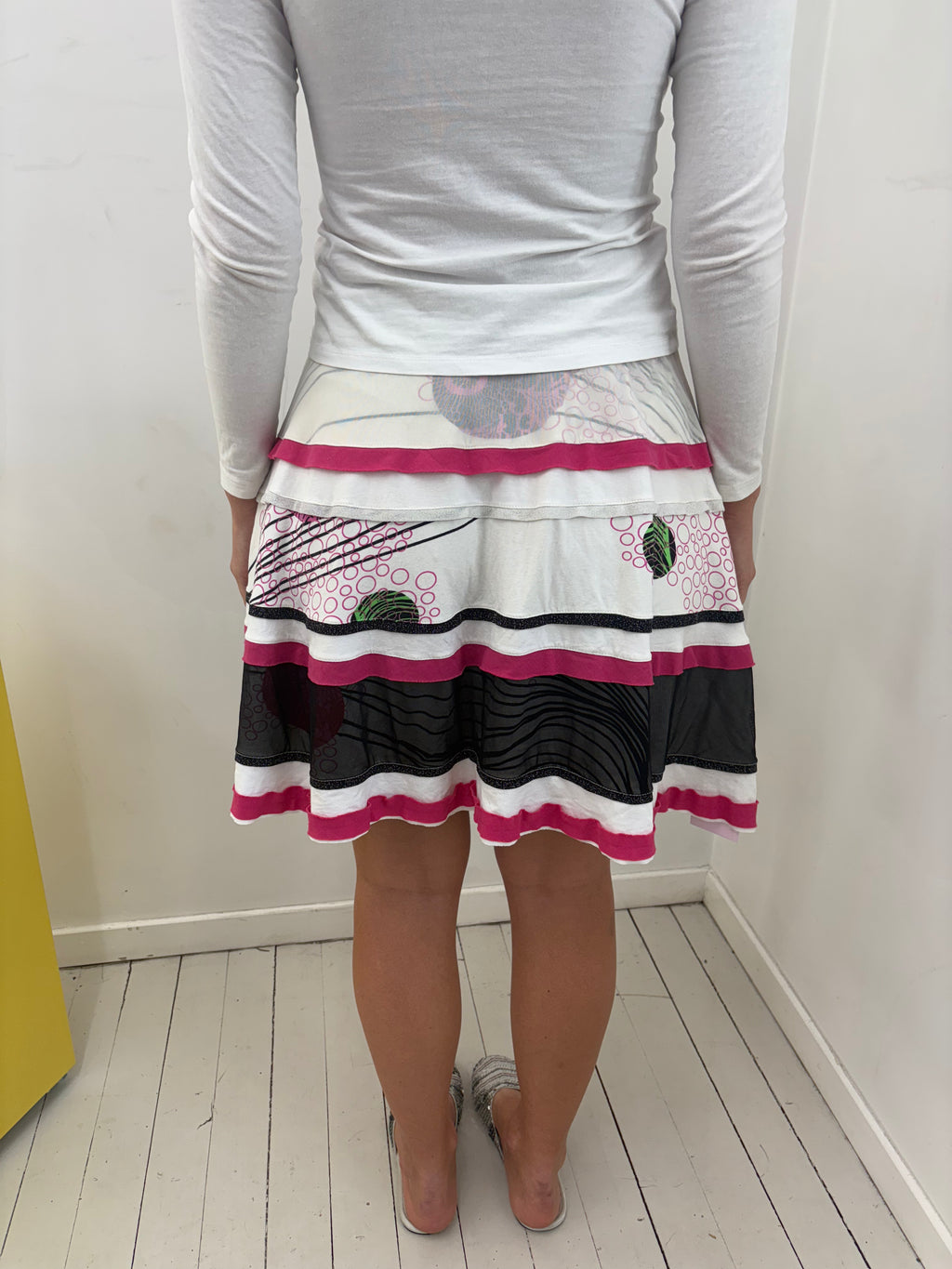 Pink Black White Abstract Tiered Ruffle Midi Skirt