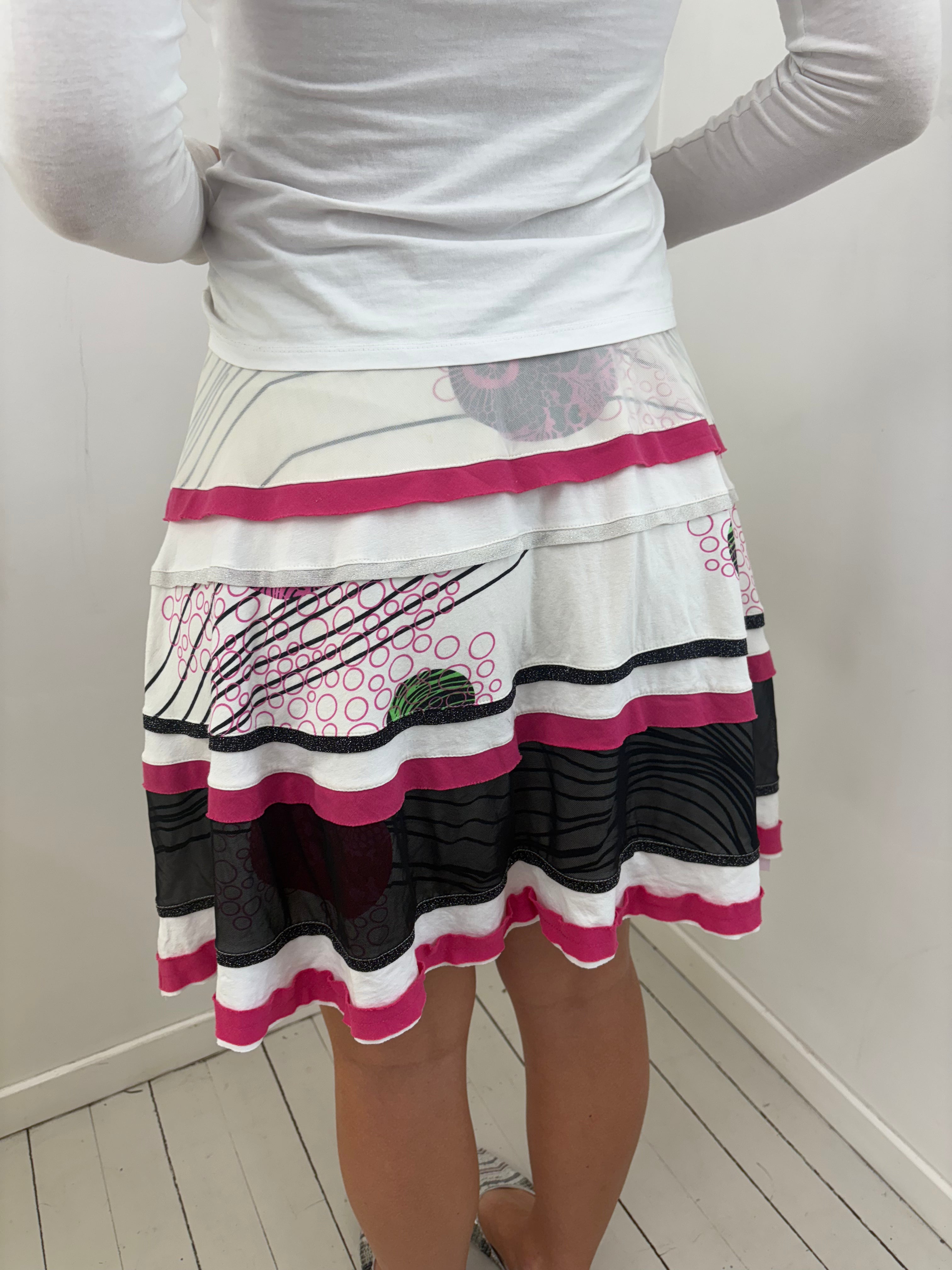 Pink Black White Abstract Tiered Ruffle Midi Skirt