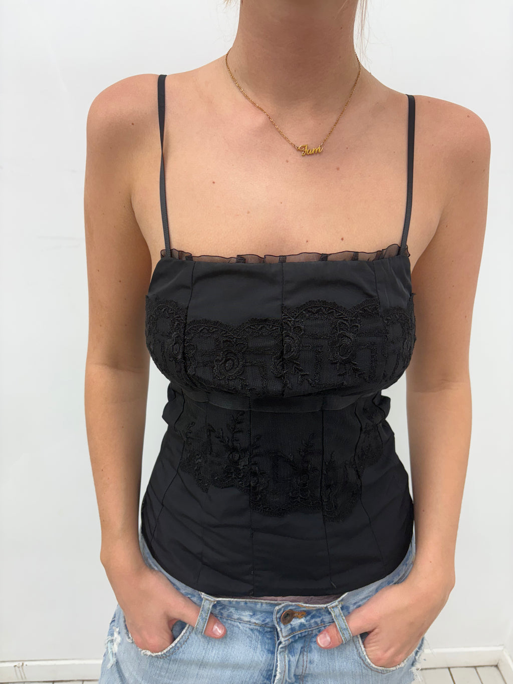 Black Sheer Lace Corset Camisole Top