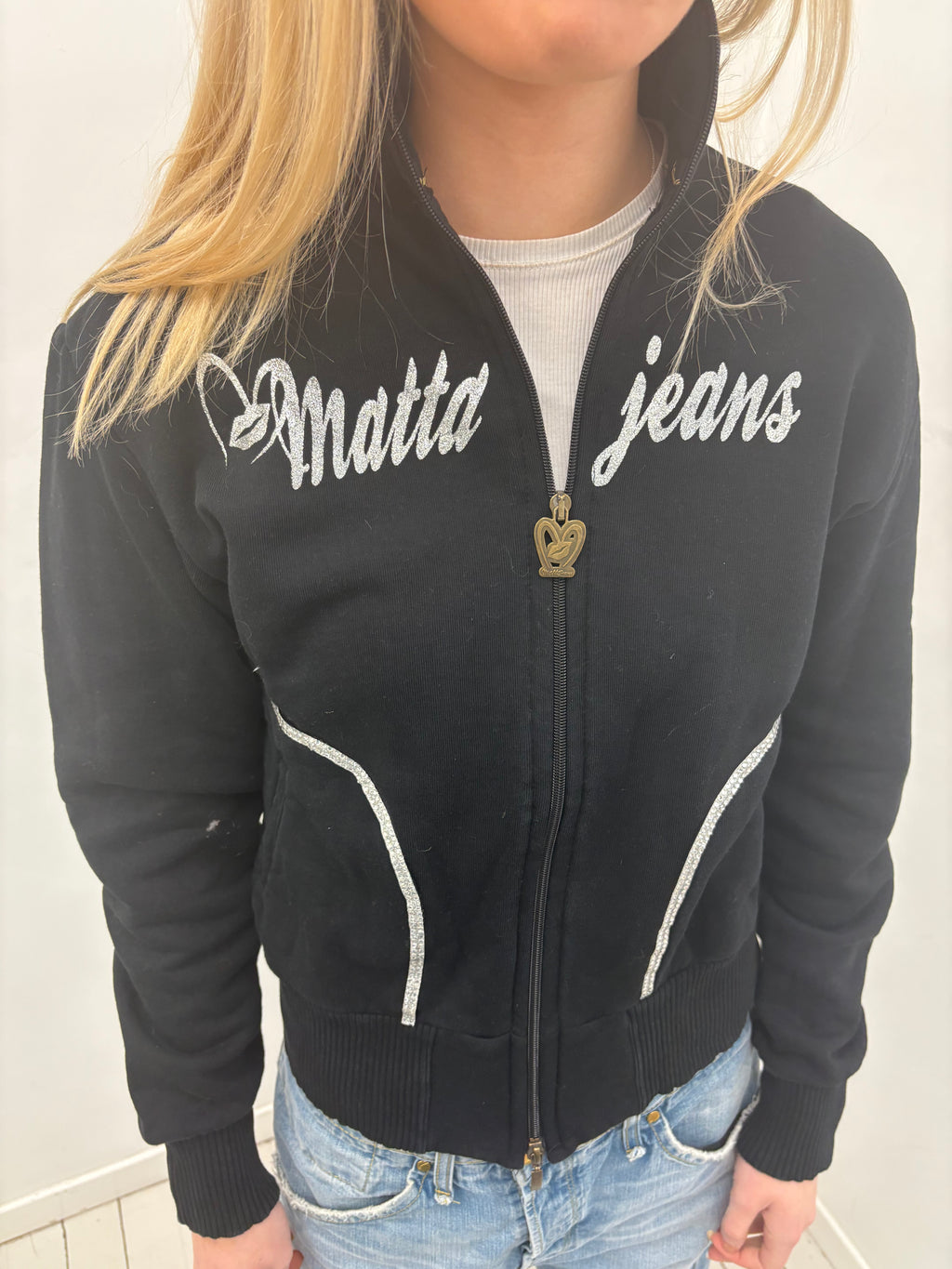 Black Smalto Jeans Rhinestone Zip Hoodie