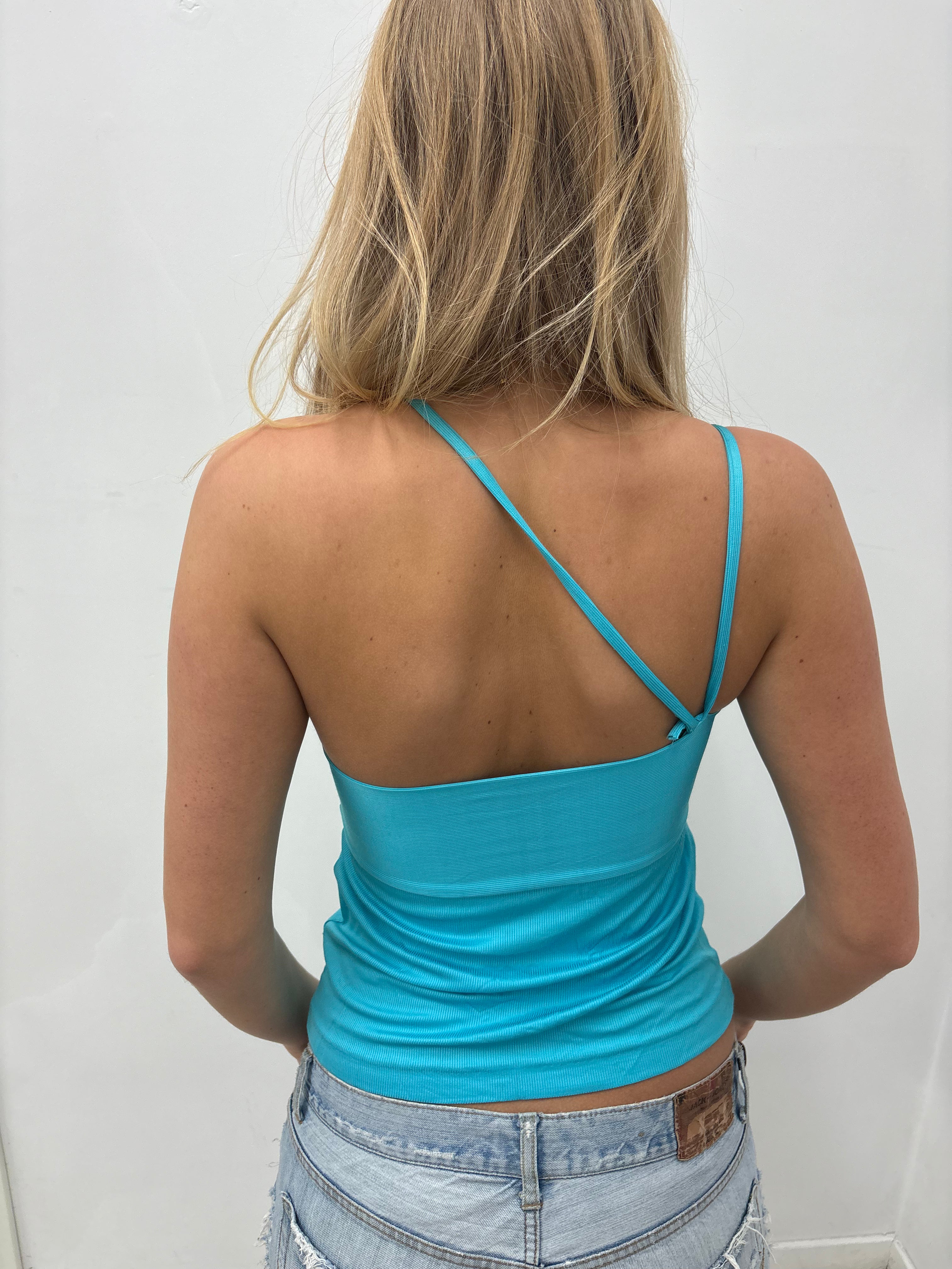 Turquoise Asymmetric Strap Y2K Tank Top