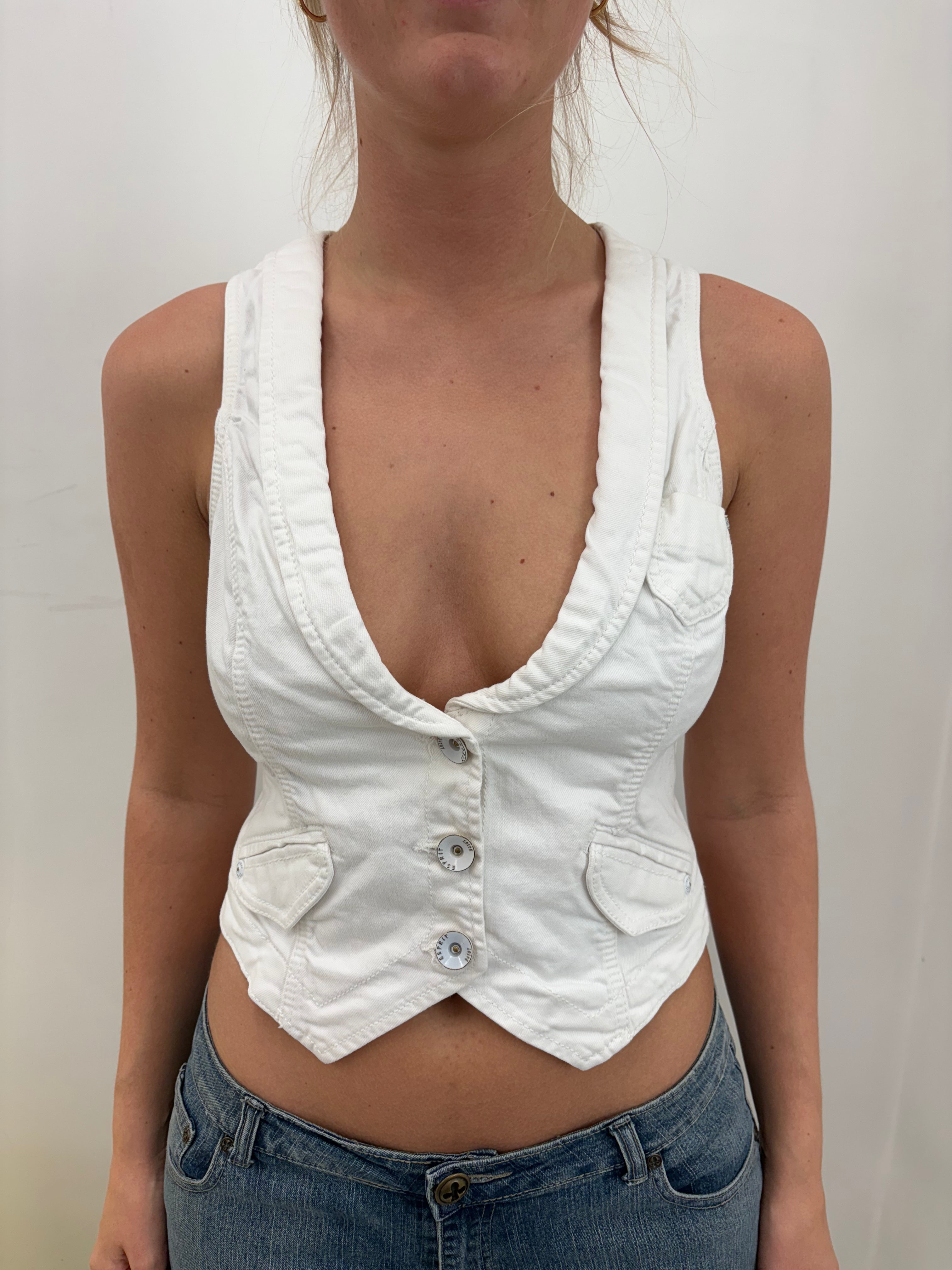 White Denim Cropped Halter Waistcoat Silver Buttons