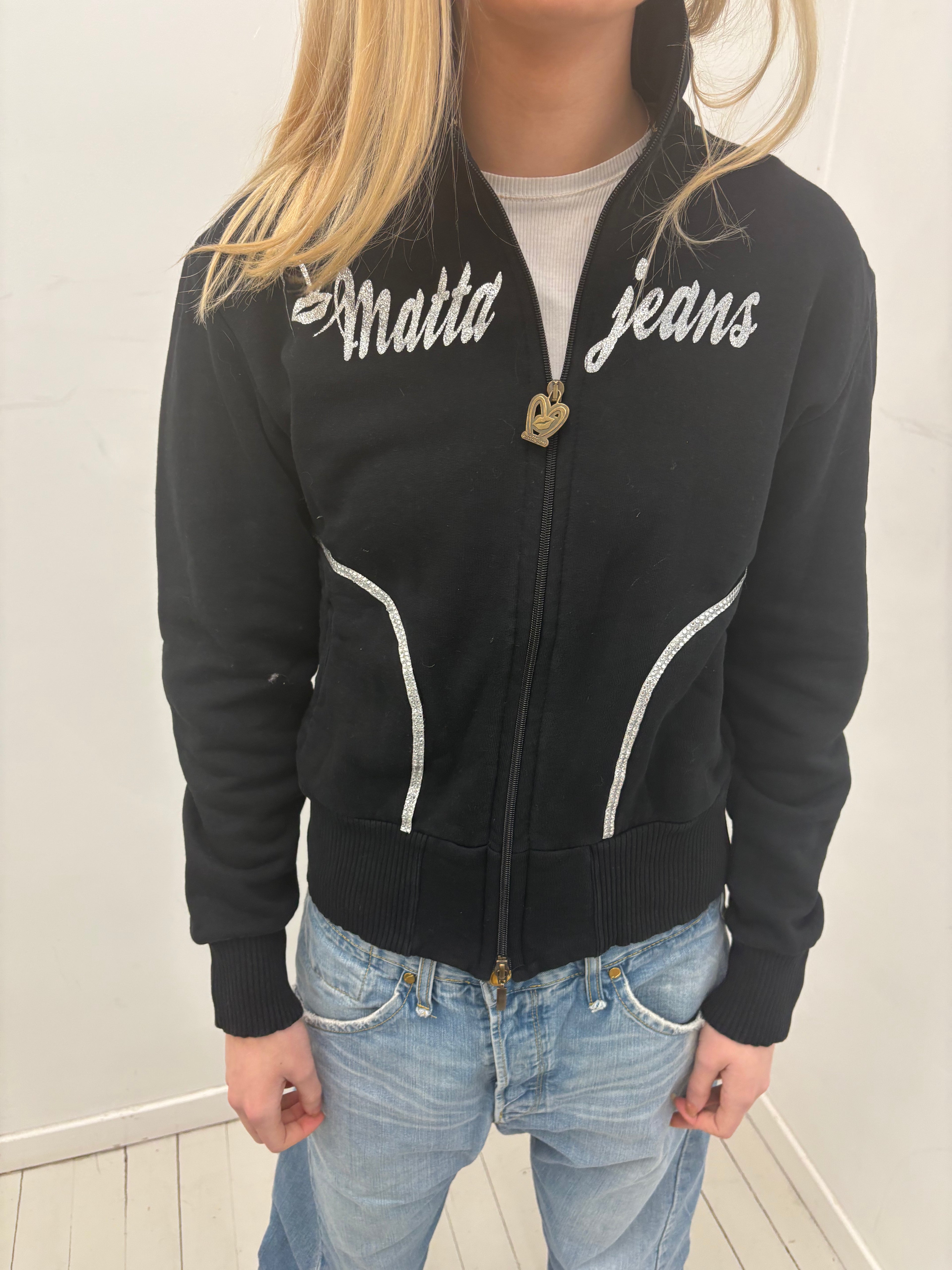 Black Smalto Jeans Rhinestone Zip Hoodie