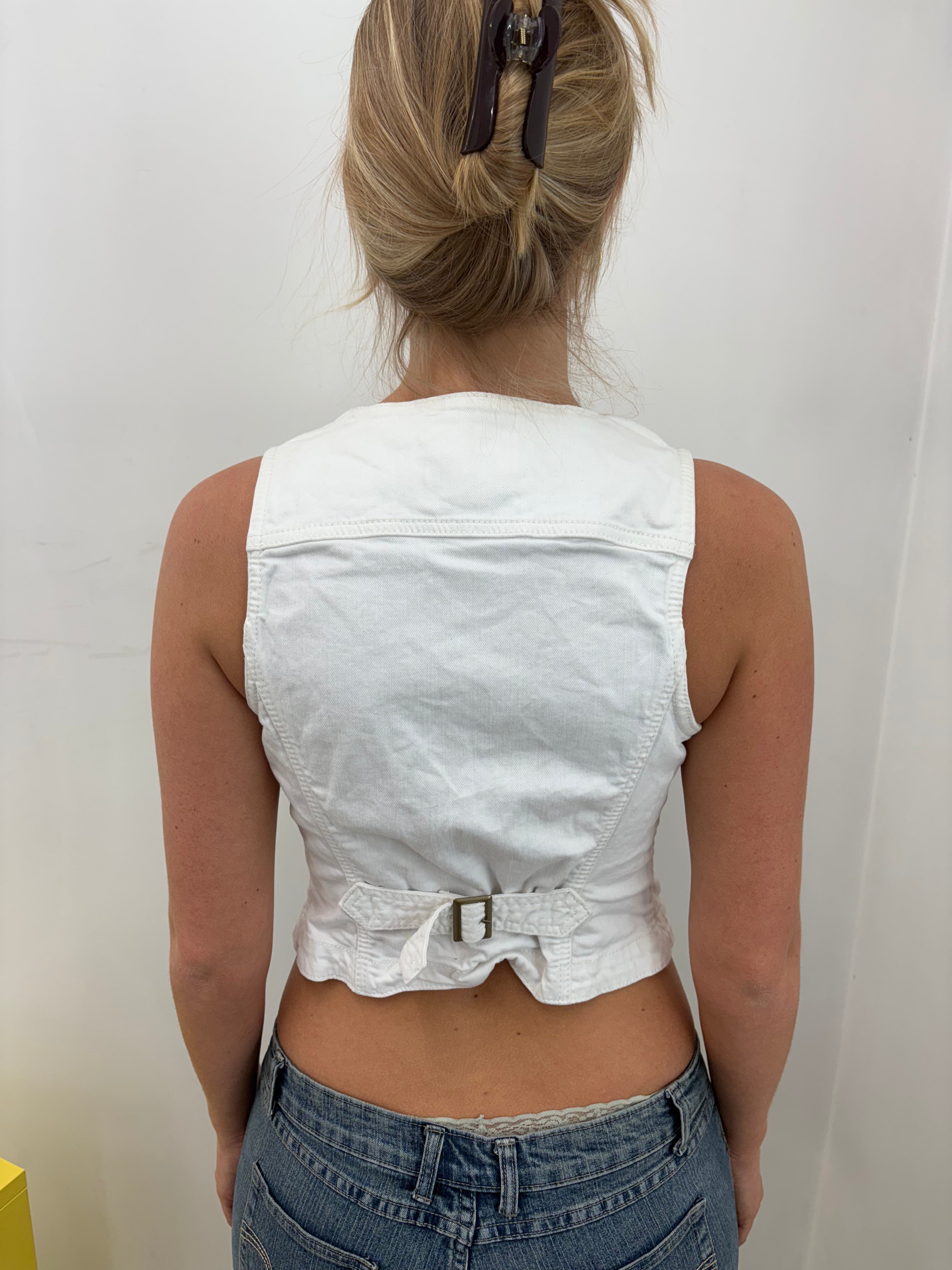 White Denim Cropped Halter Waistcoat Silver Buttons