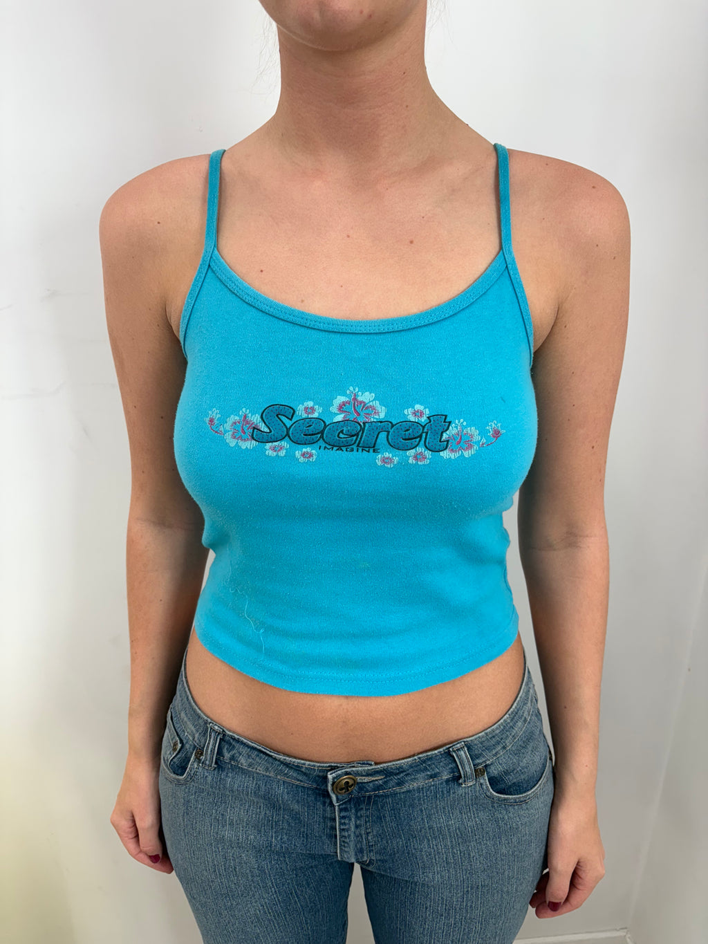 Turquoise "Secret" Floral Graphic Spaghetti Strap Cami