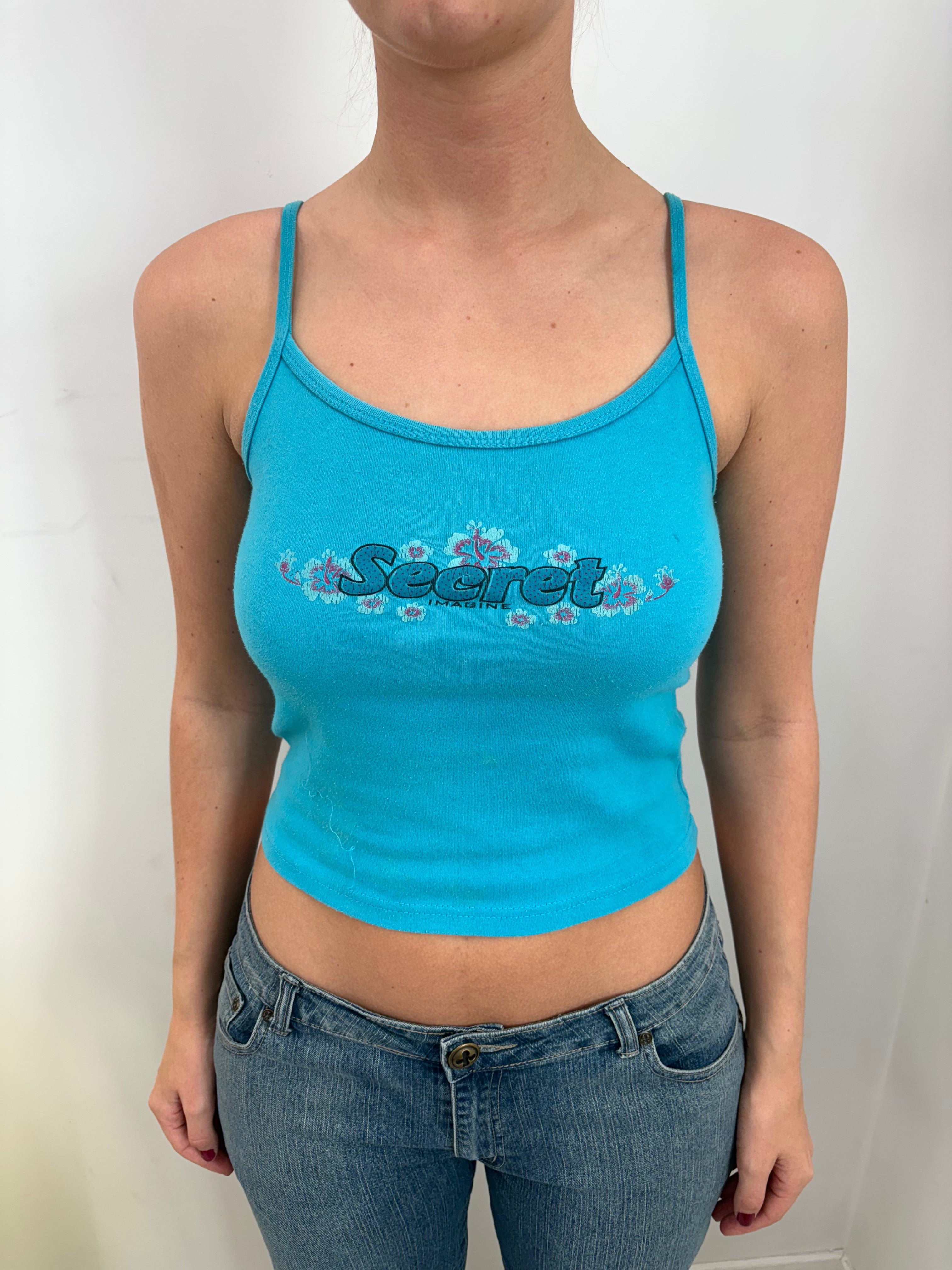 Turquoise "Secret" Floral Graphic Spaghetti Strap Cami